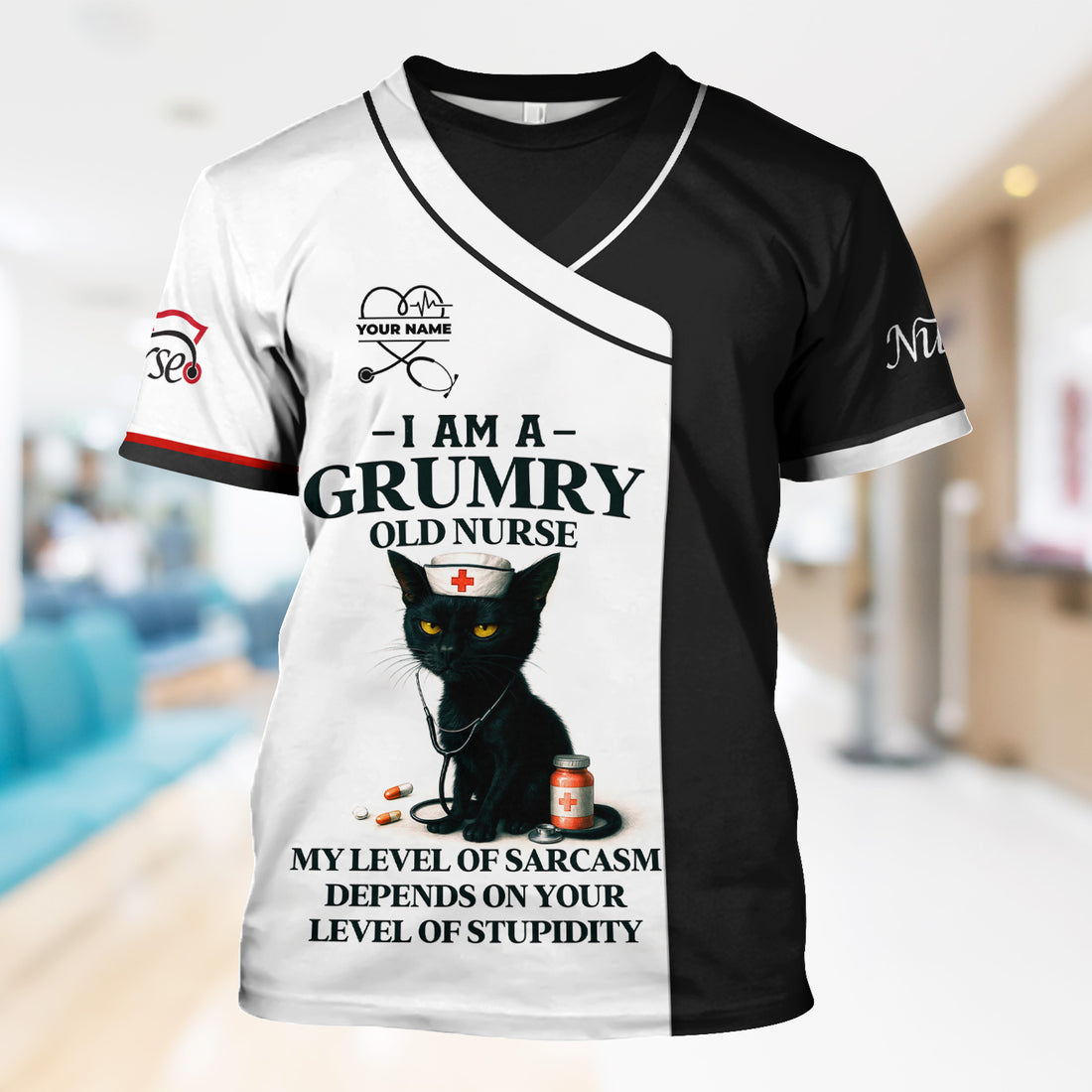 Grumpy Old Nurse Scrub Shirt with Sarcastic Black Cat Design - I Am a Nurse Of Course I’m Grumpy Quote - Gift for RN CNA LPN Healthcare Workers