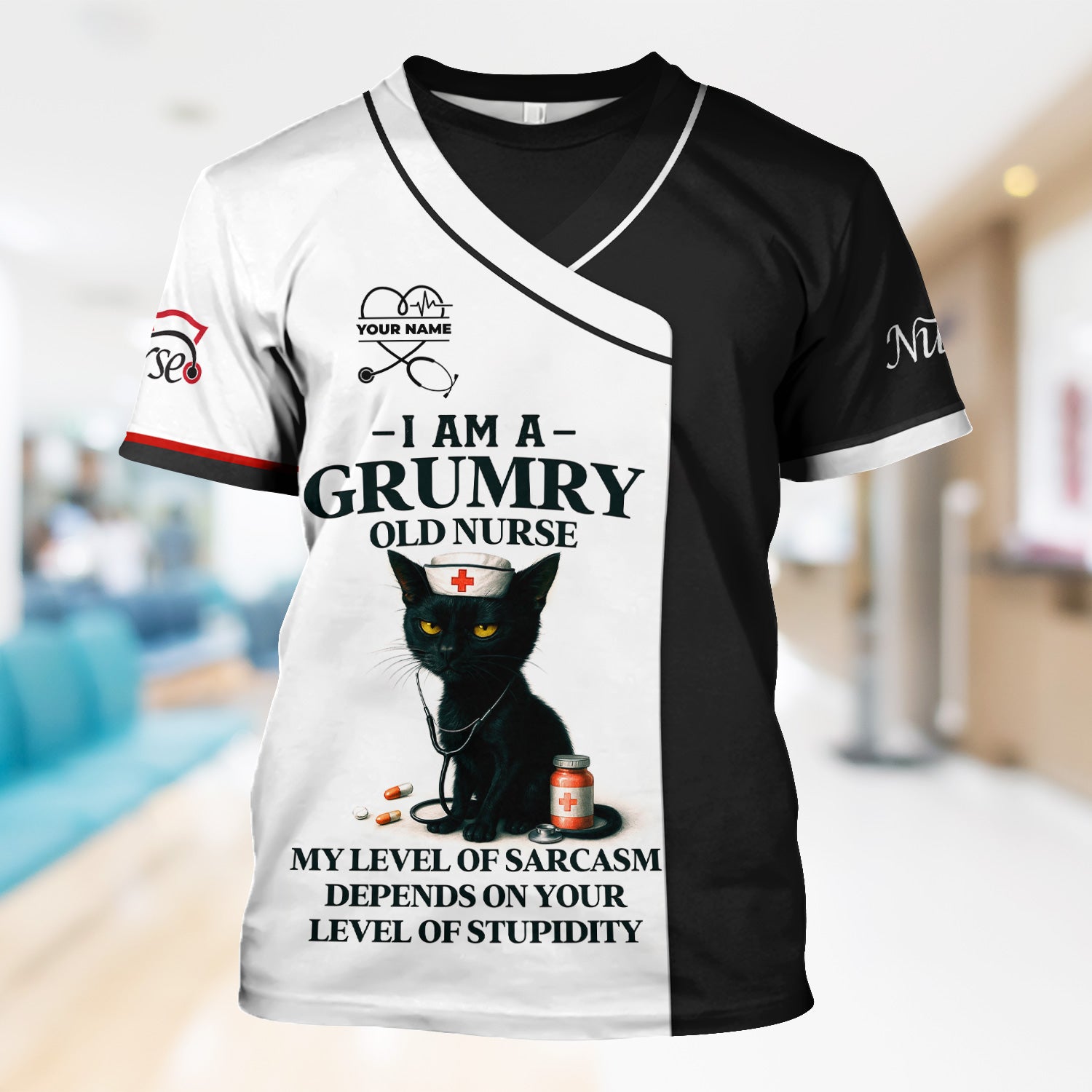 Grumpy Old Nurse Scrub Shirt with Sarcastic Black Cat Design - I Am a Nurse Of Course I'm Grumpy Quote - Gift for RN CNA LPN Healthcare Workers