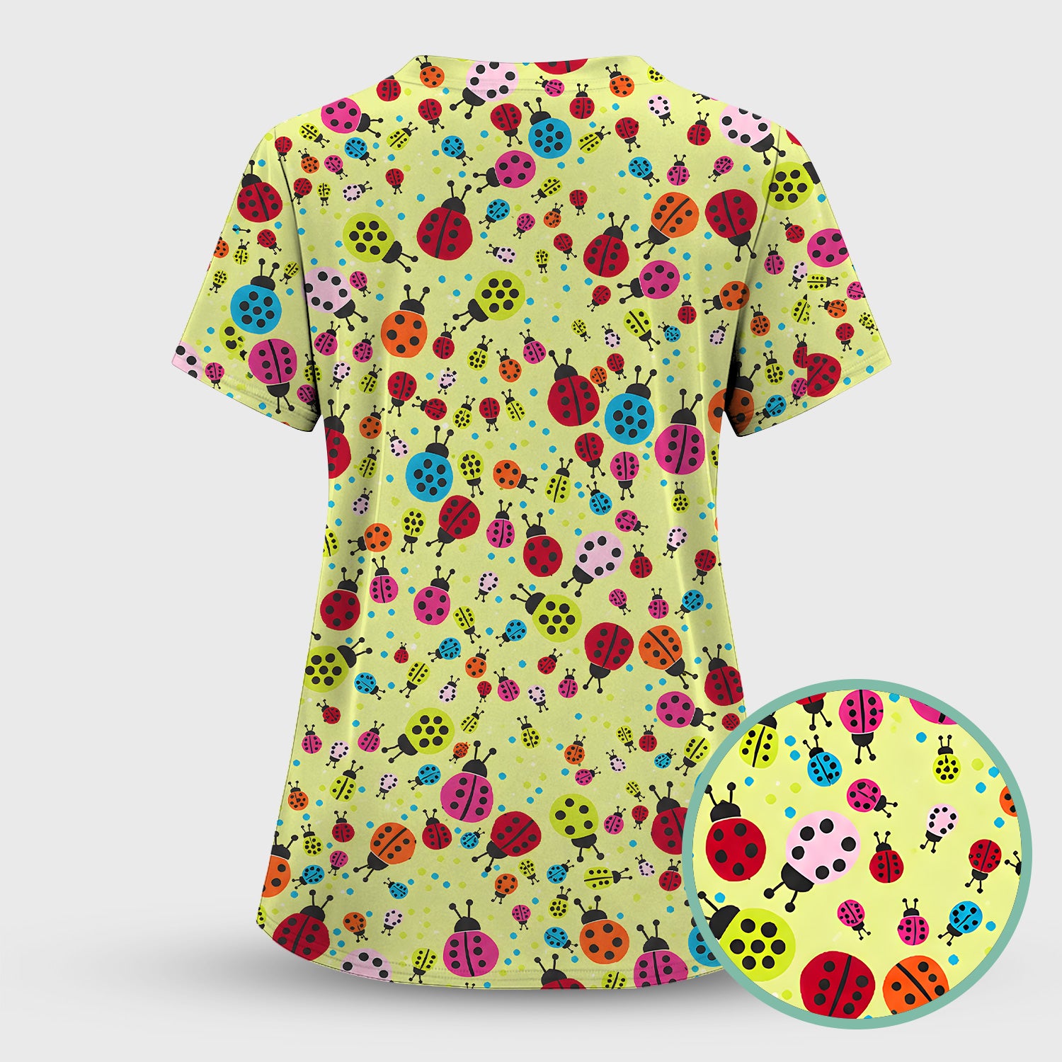 Colorful Ladybug Garden Pattern Scrub Top, Comfortable Scrubs for Nurses