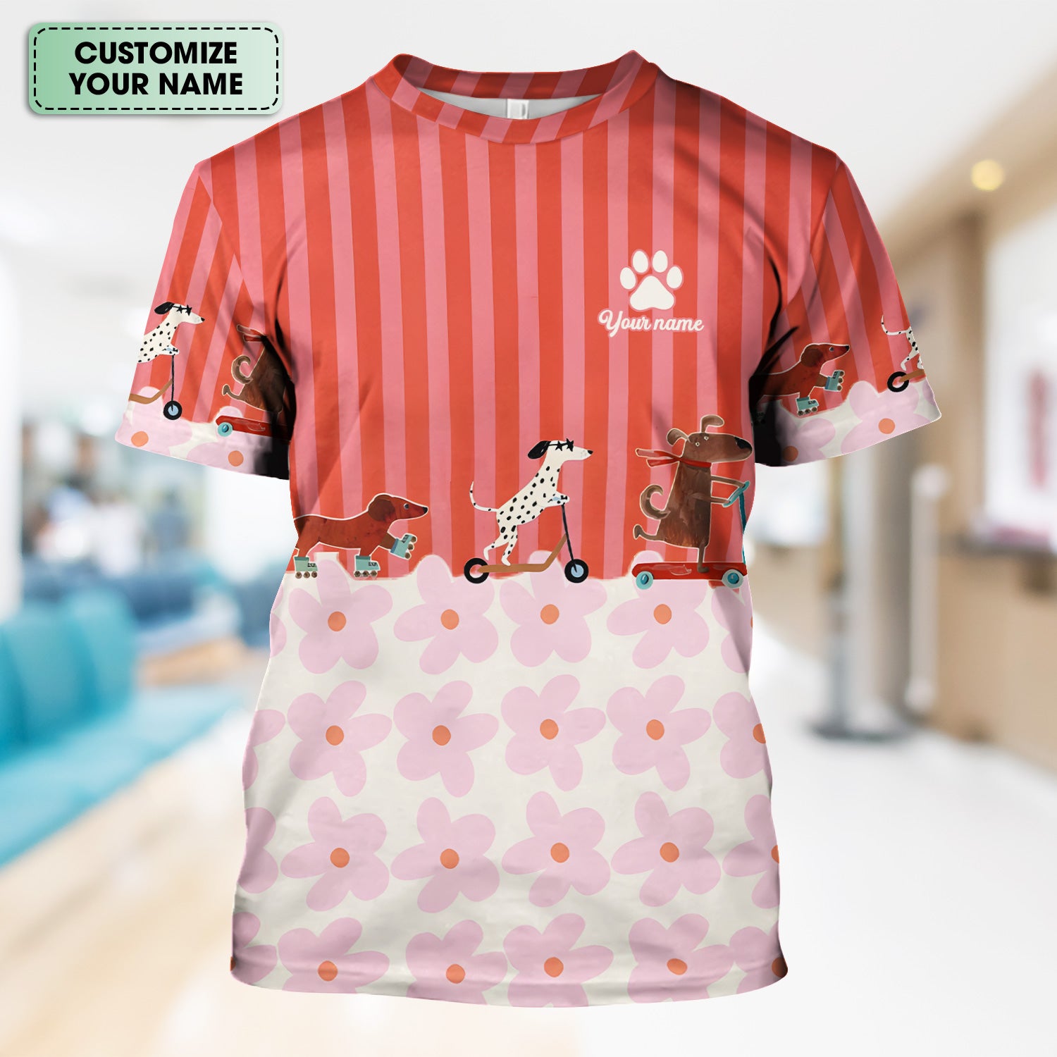 Personalized Cute Dog Roller Skate Flower Pattern Scrub Top, Comfortable Scrubs for Nurses