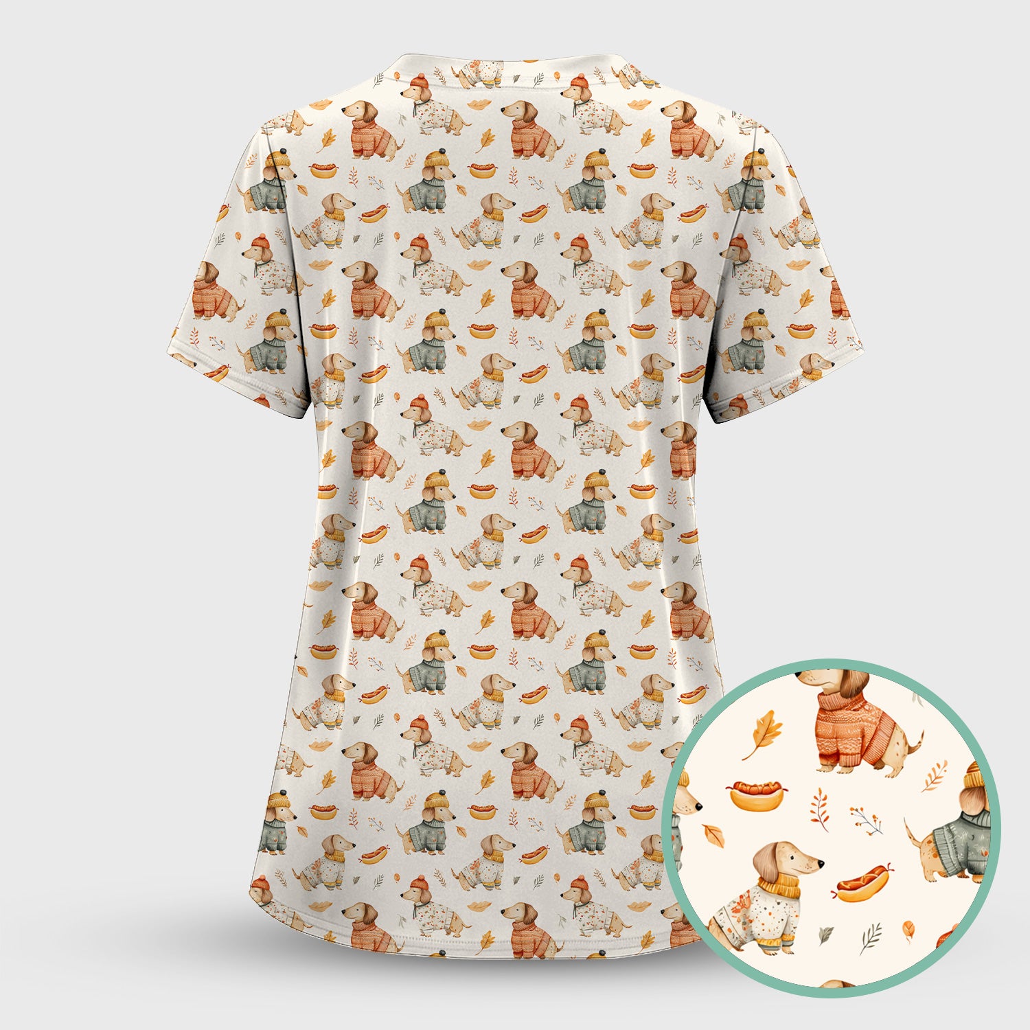 Autumn Dachshund Dog Sweater Print Scrub Top, Comfortable Scrubs for Nurses