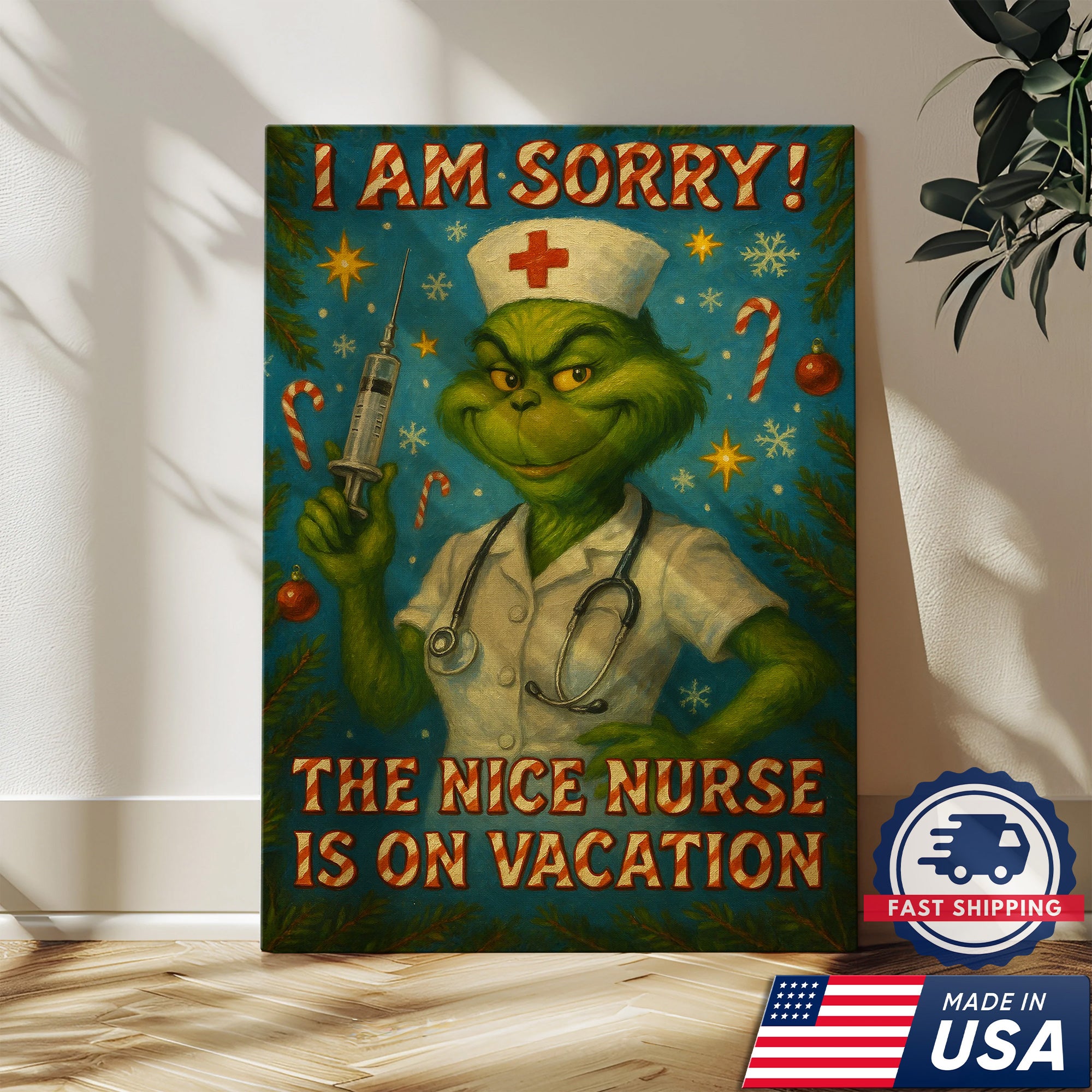Funny Nurse Wall Art Canvas - Grinch Christmas Quote The Nice Nurse Is On Vacation - Humorous Gift for Nurses Made in USA