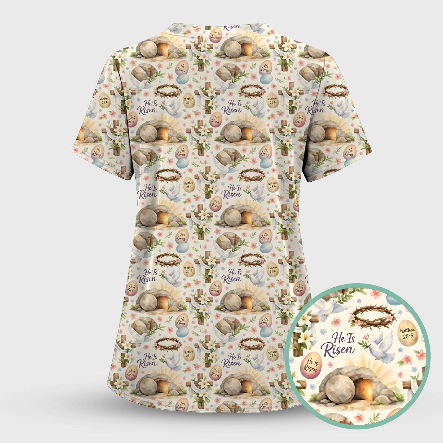 He Is Risen Cross Tomb Lily Pattern Scrub Set, Scrub Pants and V Neck Top