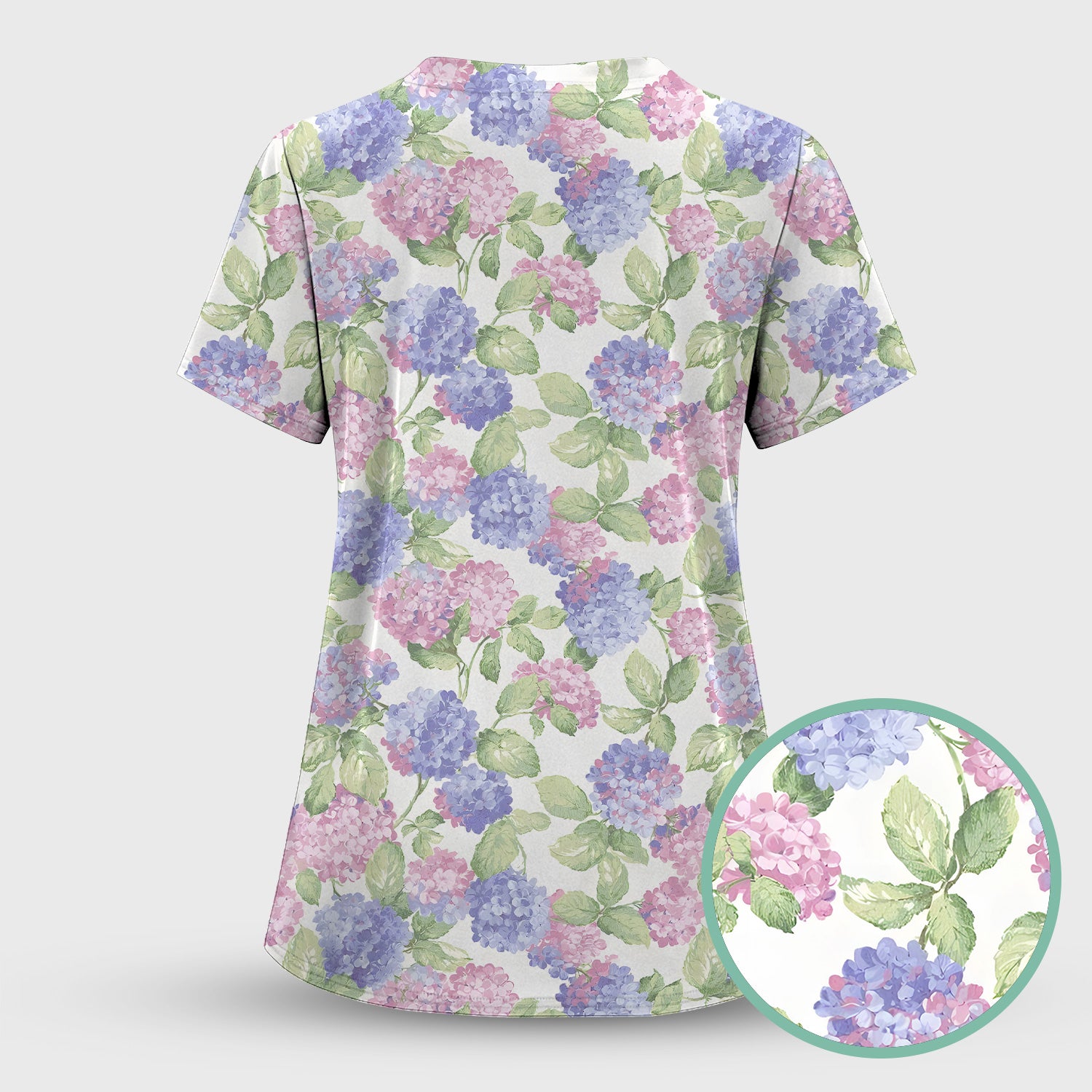 Soft Pastel Watercolor Hydrangea Floral Pattern Scrub Top, Comfortable Scrubs for Nurses