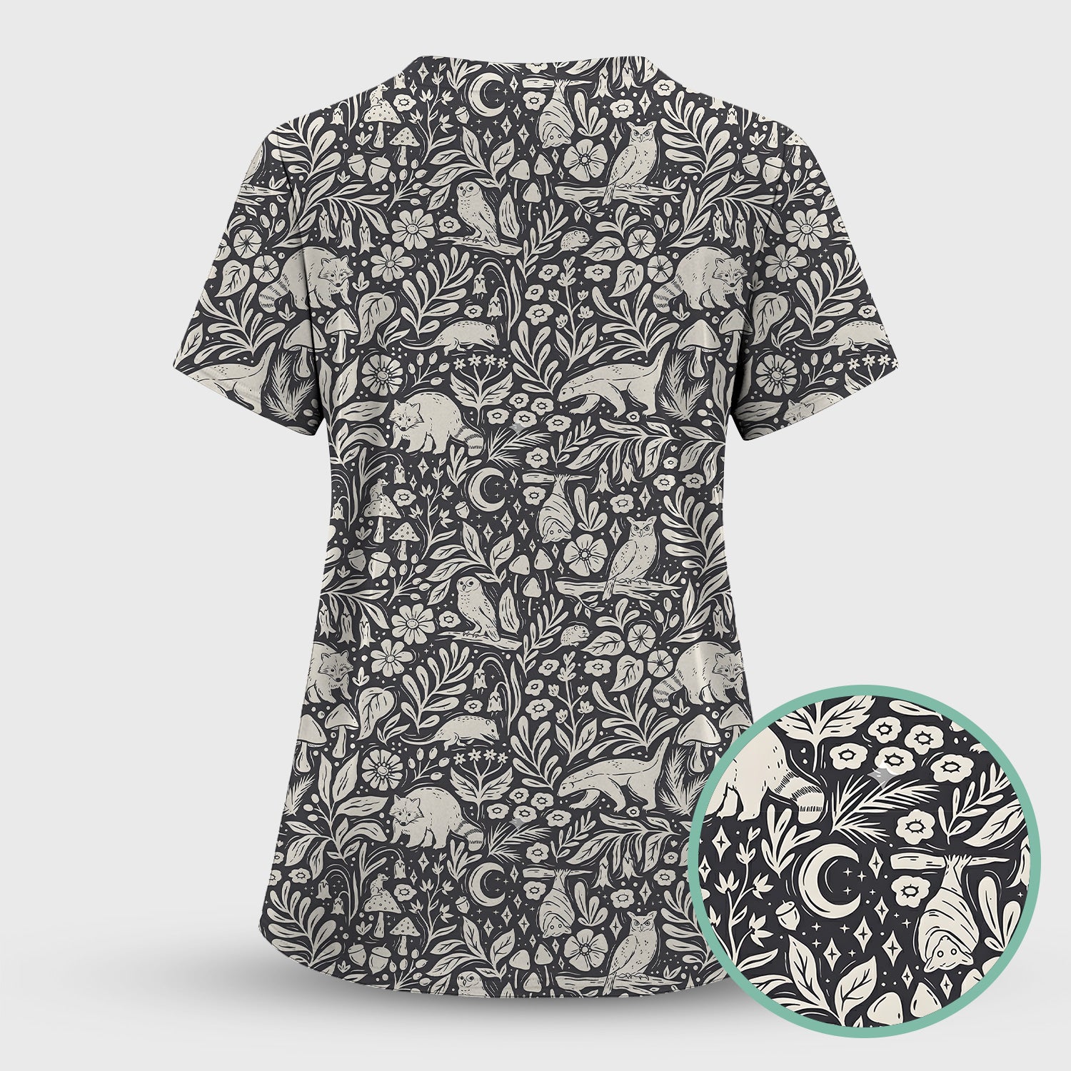 Woodland Animal Forest Pattern Scrub Top, Comfortable Scrubs for Nurses