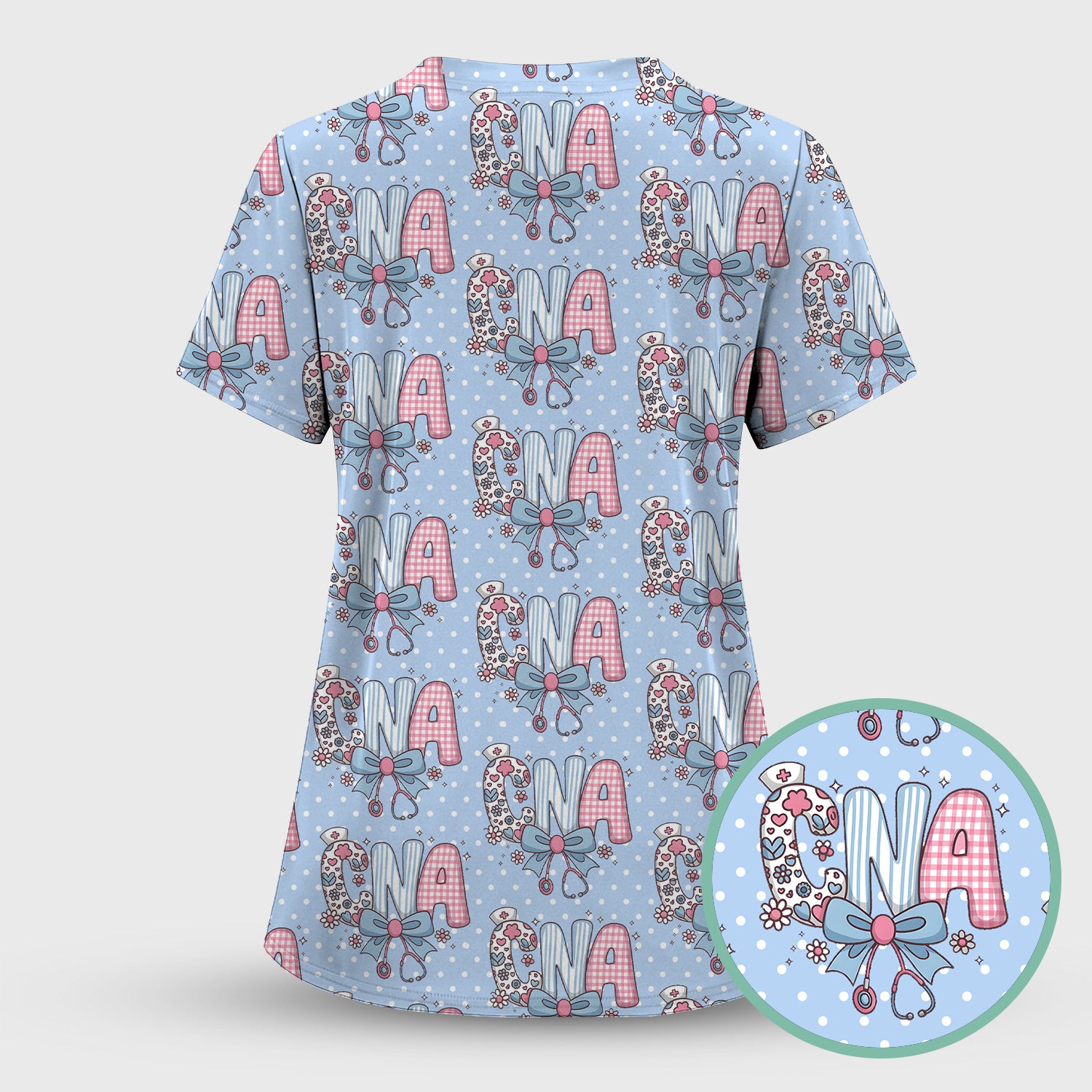 Cute CNA Floral Bow Pattern Scrub Top, Breathable Fabrics Nursing Uniform