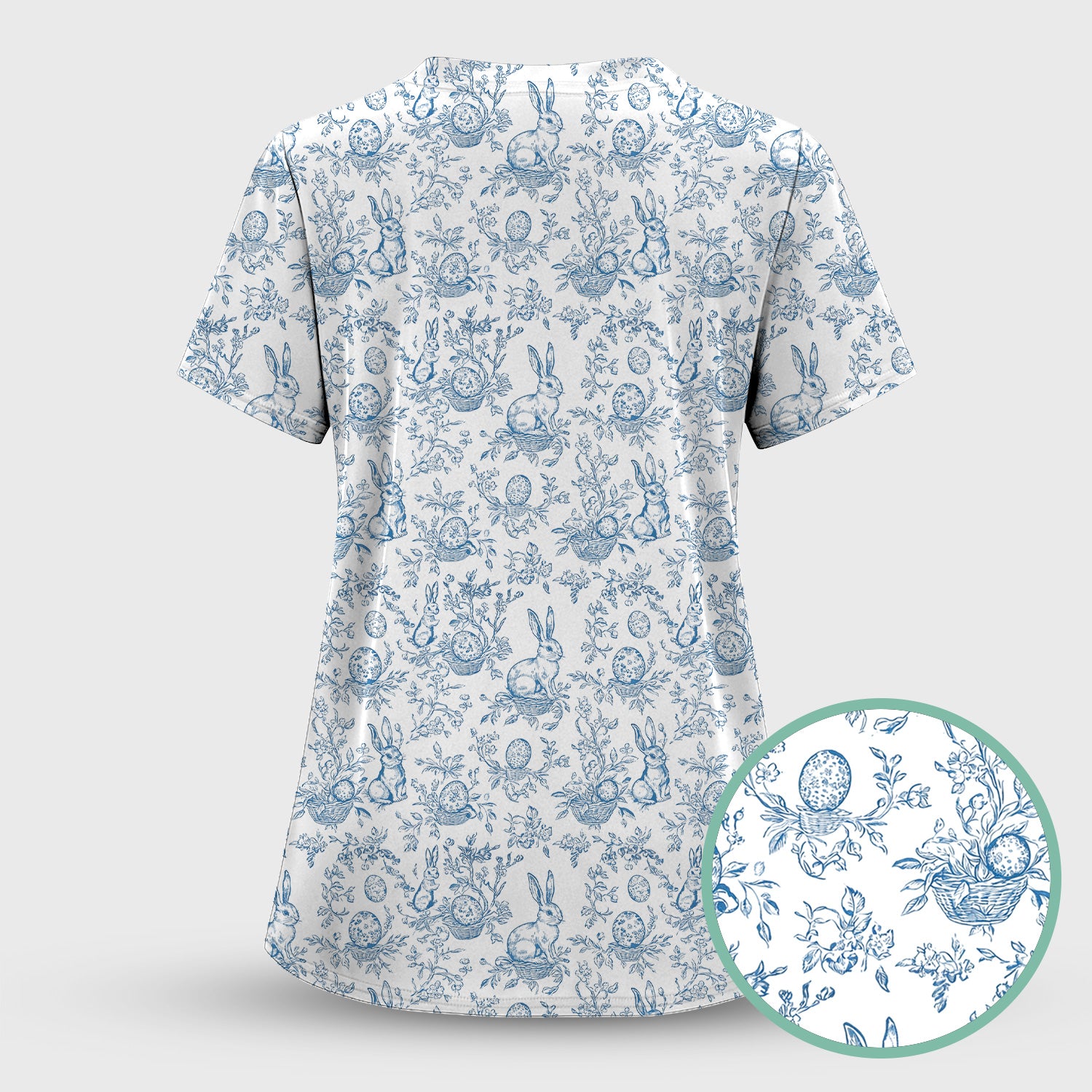 Easter Bunny Floral Egg Toile Pattern Design Print Set, Women's Scrub Sets