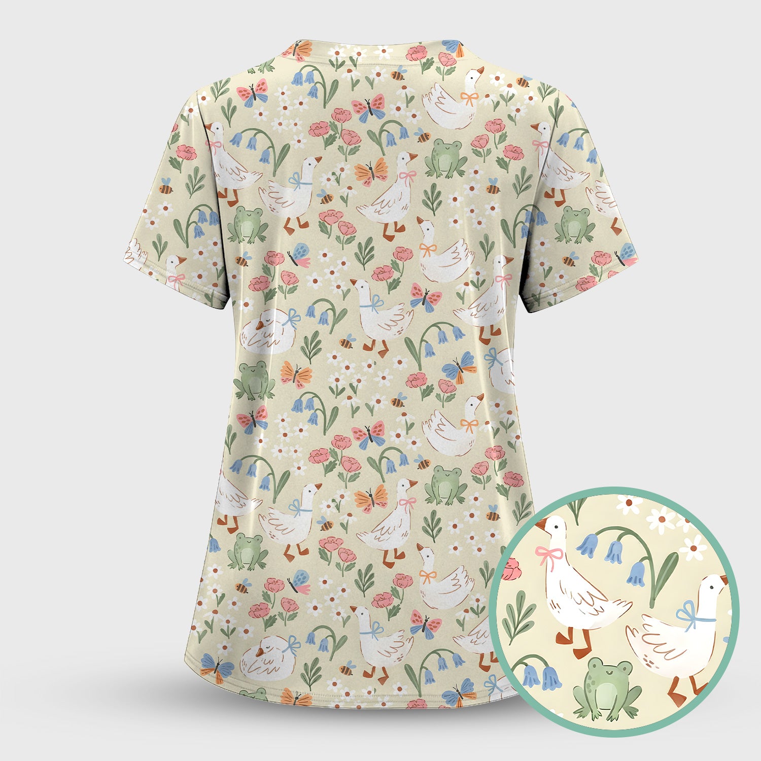 Cute Goose & Frog Garden Print Scrub Top, Comfortable Scrubs for Nurses