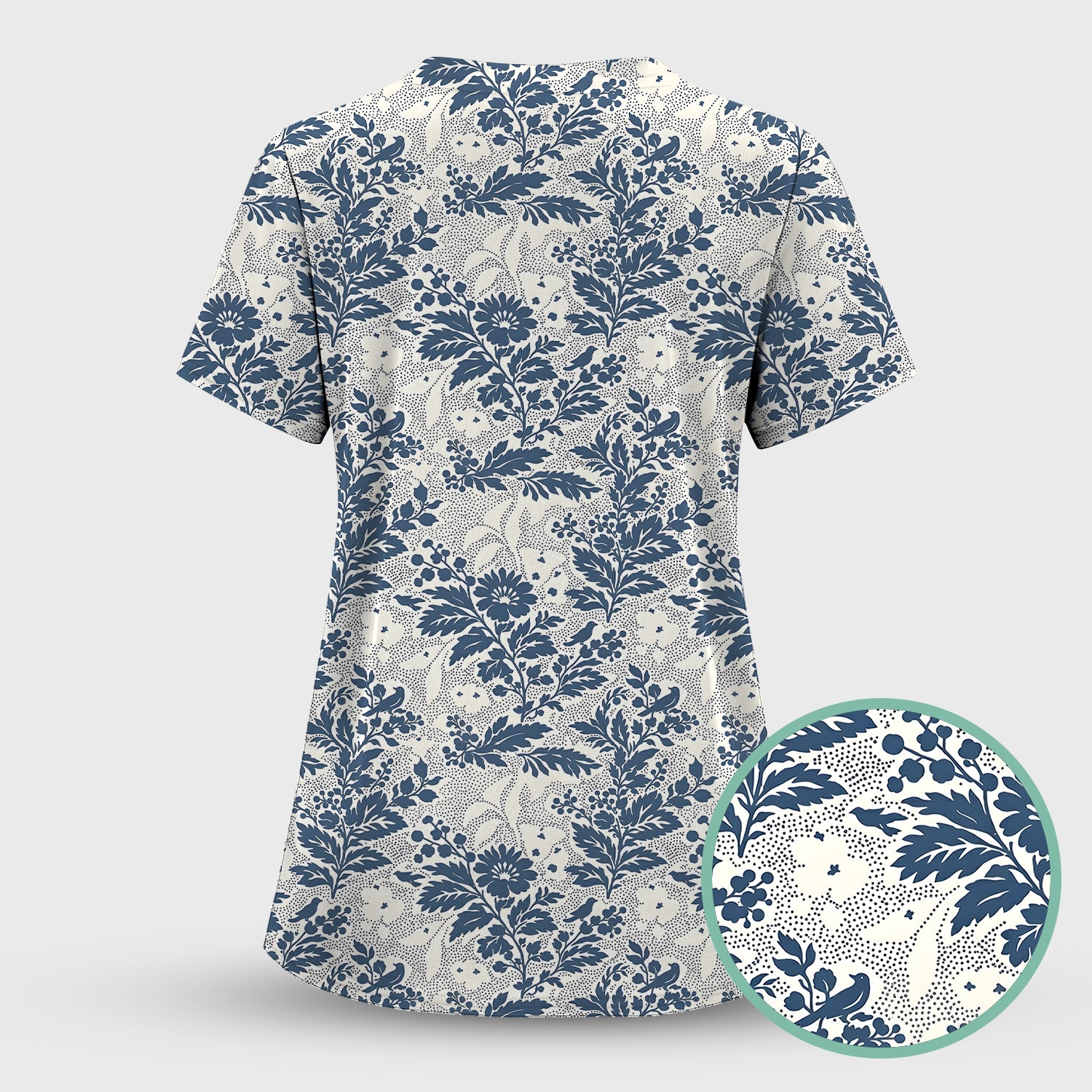 Cute Blue Floral Botanical Nurse Pattern Scrub Set, Scrub Pants and V Neck Top
