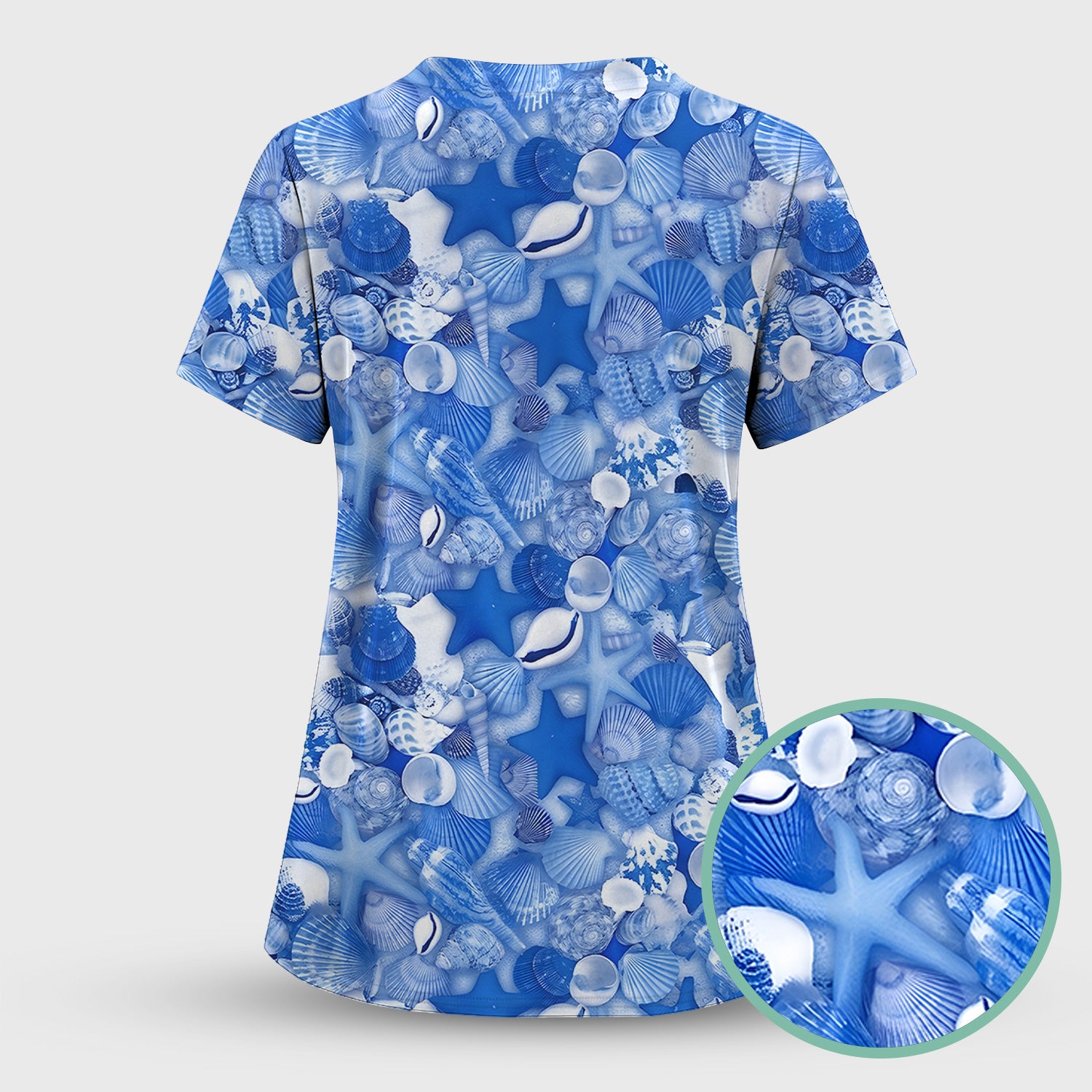 Blue Seashell Starfish Ocean Pattern Scrub Top, Comfortable Scrubs for Nurses
