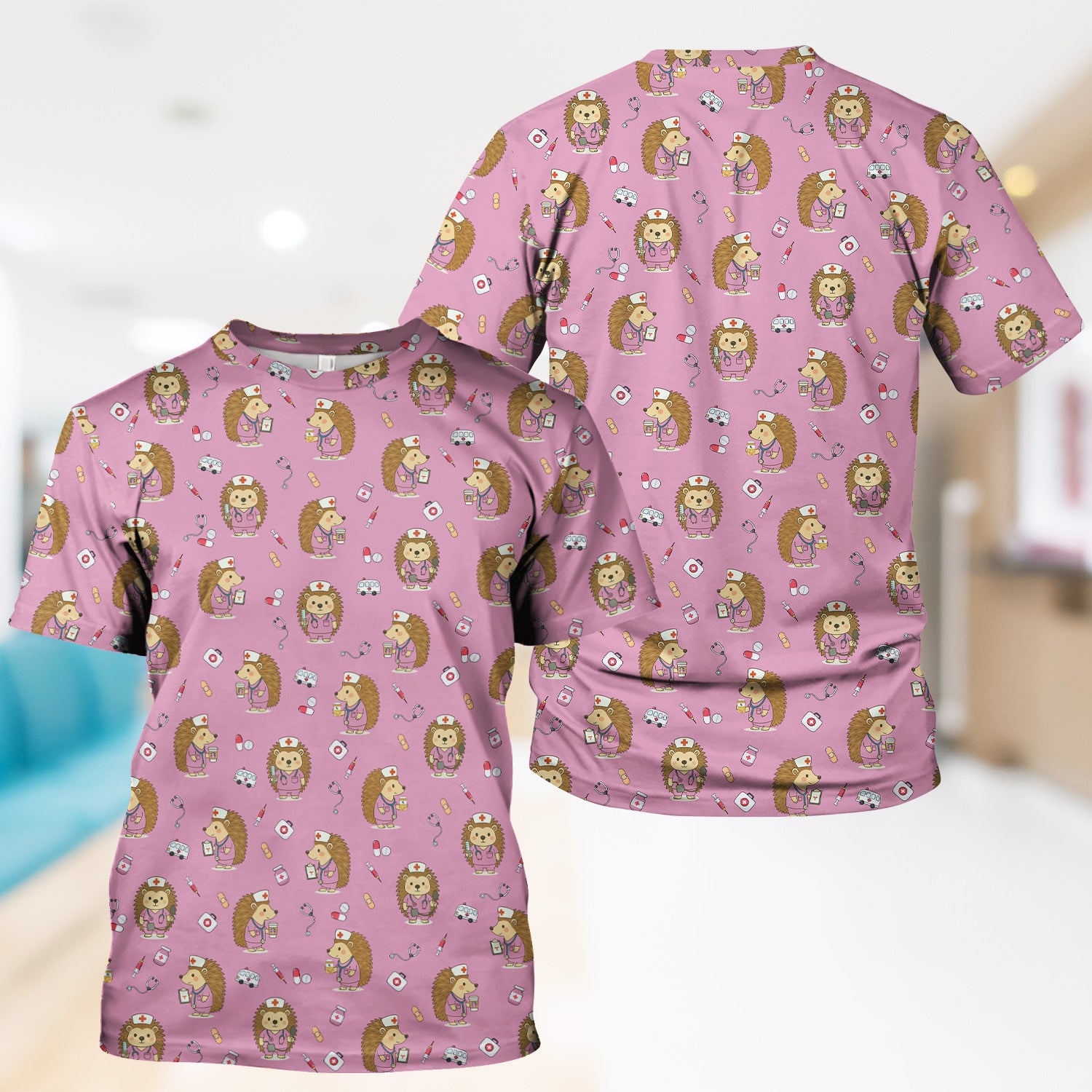 Cute Hedgehog Nurse Scrub Top - Funny Animal & Medical Design - Gift for Women RN LPN Pediatric Nurses