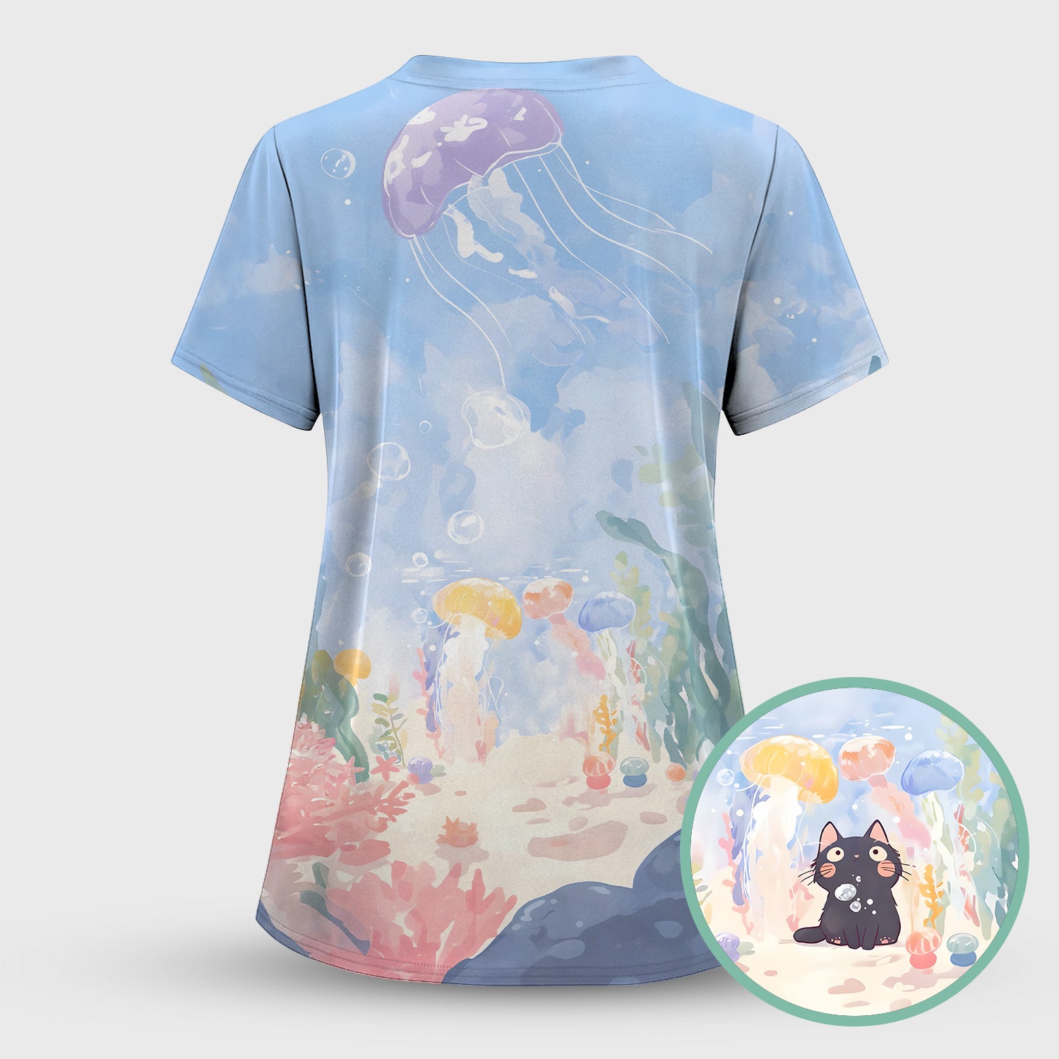 Cute Underwater Black Cat Jellyfish Pattern Scrub Top, Comfortable Scrubs for Nurses