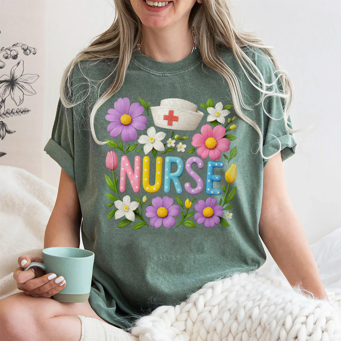 Cute Floral Nurse Shirt for Women – Colorful Spring Design with Hat & Flowers – Appreciation Gift for RN CNA LPN
