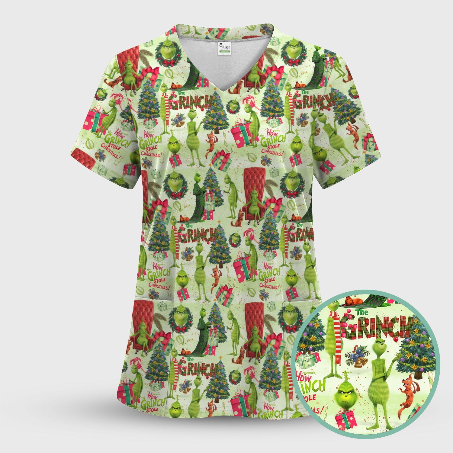 Funny Christmas Nurse Scrubs for Women - Merry Grinchmas Top - Cute Medical Uniform for RN CNA LPN LVN EN