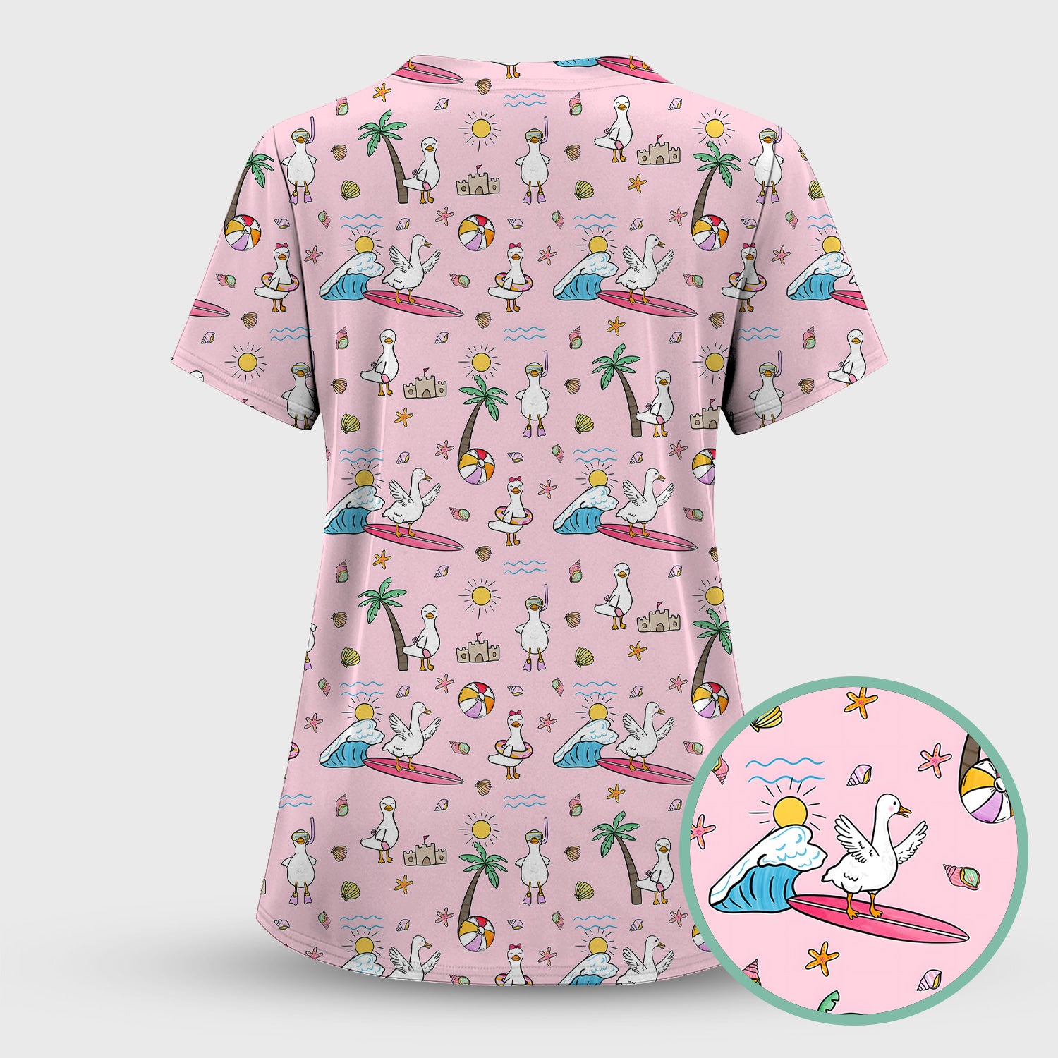 Cute Nurse Seagull Surfboard Beach Palm Tree Pattern Scrub Set, Scrub Pants and V Neck Top