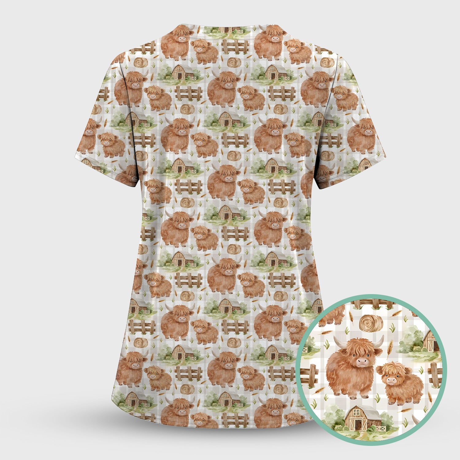 Cute Highland Cow With Farm Barn Fence Scrub Top, Comfortable Scrubs for Nurses
