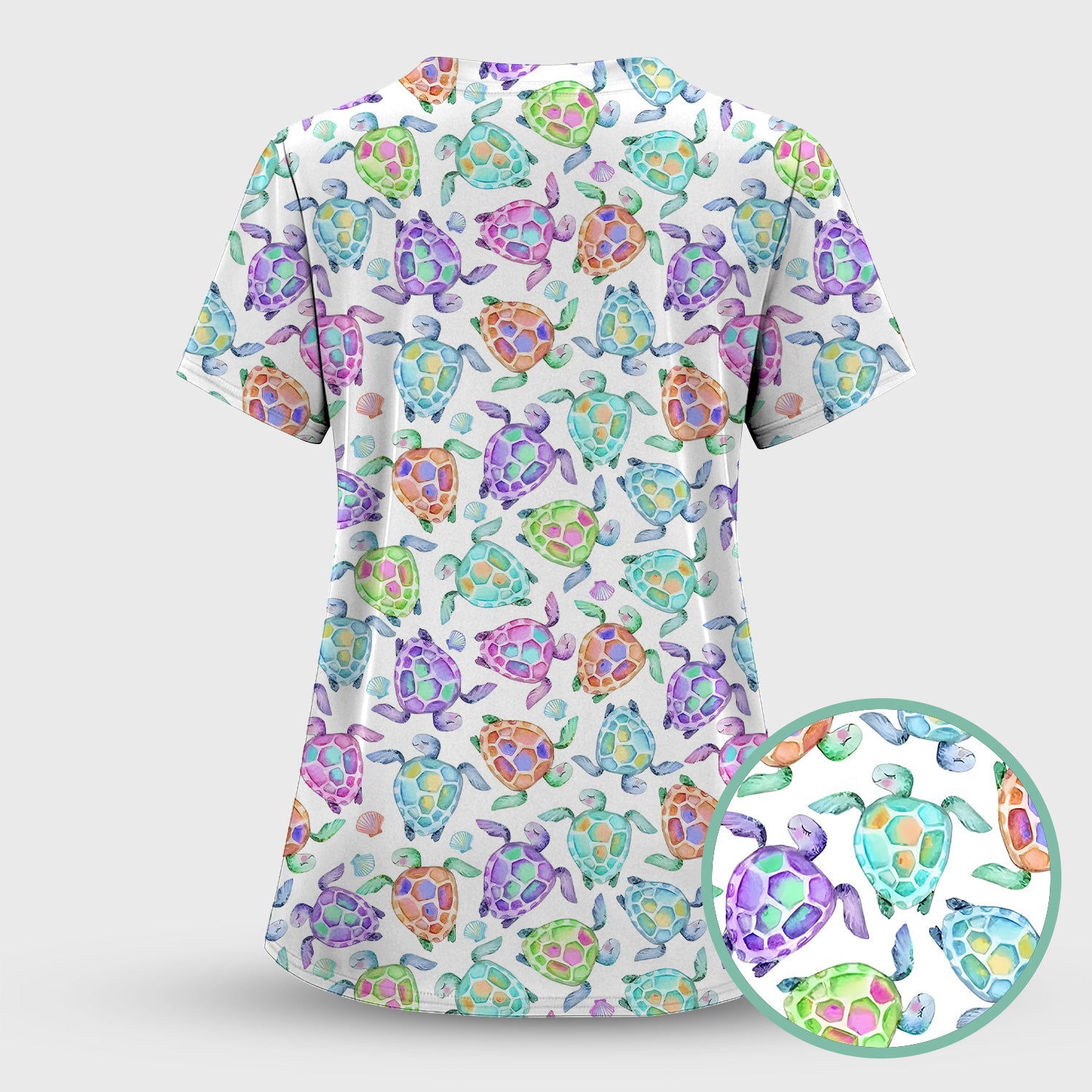 Colorful Sea Turtle Shell Pattern Scrub Set, Scrub Pants and V Neck Top