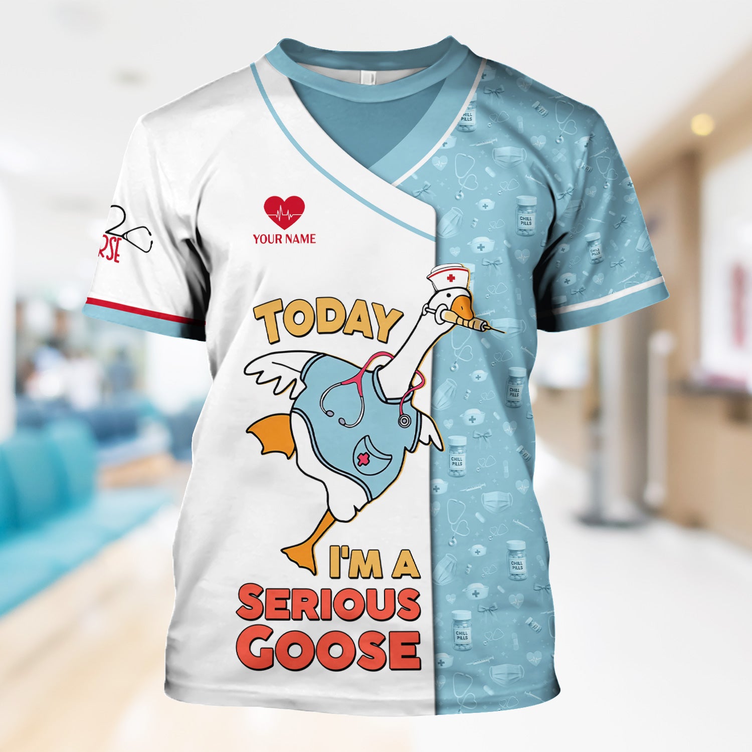 Personalized Goose Nurse T-Shirt for Women - Silly Medical Icons Design - Custom Name Gift for Healthcare Workers & Medical Staff