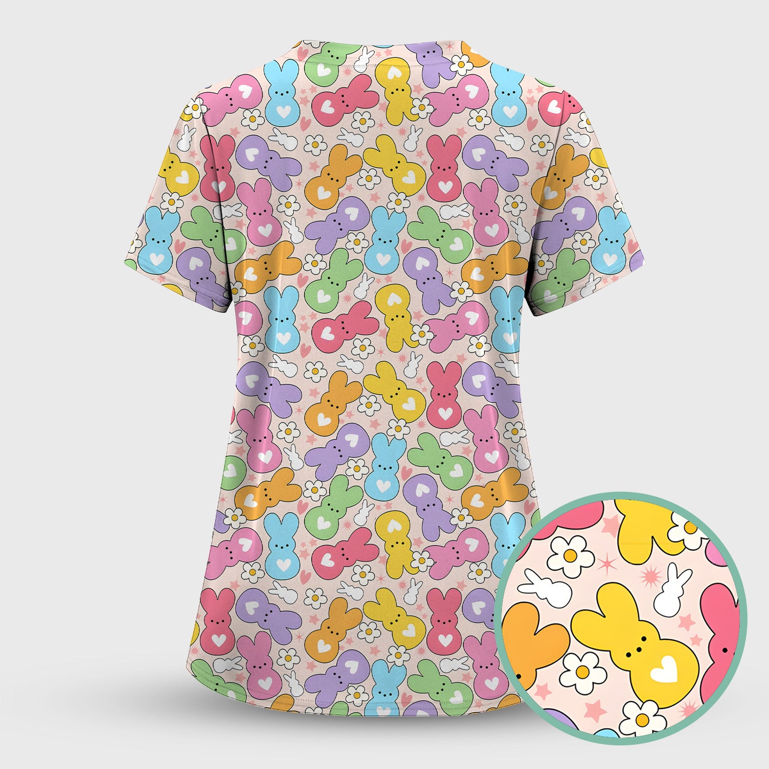 Sweet Pastel Bunny Daisy Pattern Scrub Top, Comfortable Scrubs for Nurses, Easter