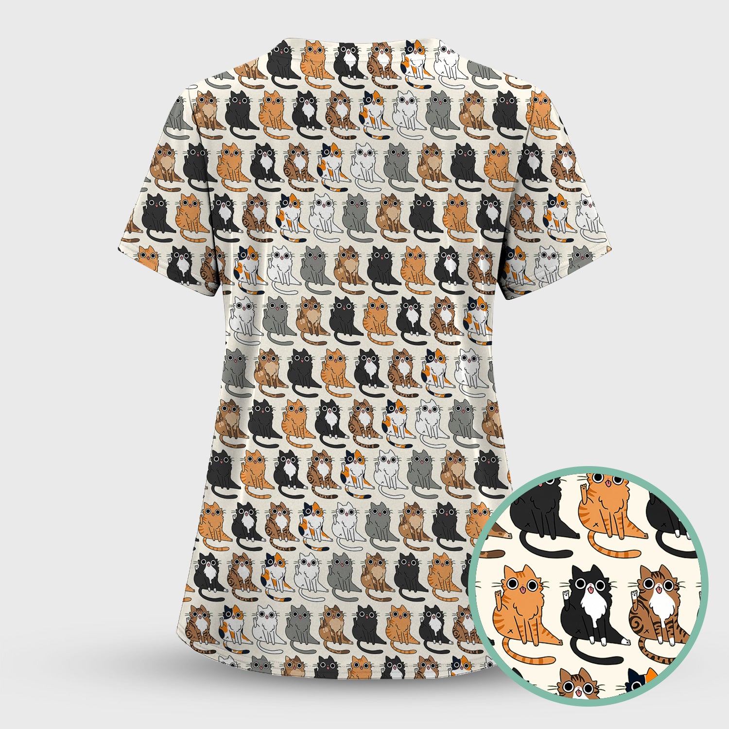 Cute Cartoon Cat Pattern Scrub Top, Comfortable Scrubs for Nurses