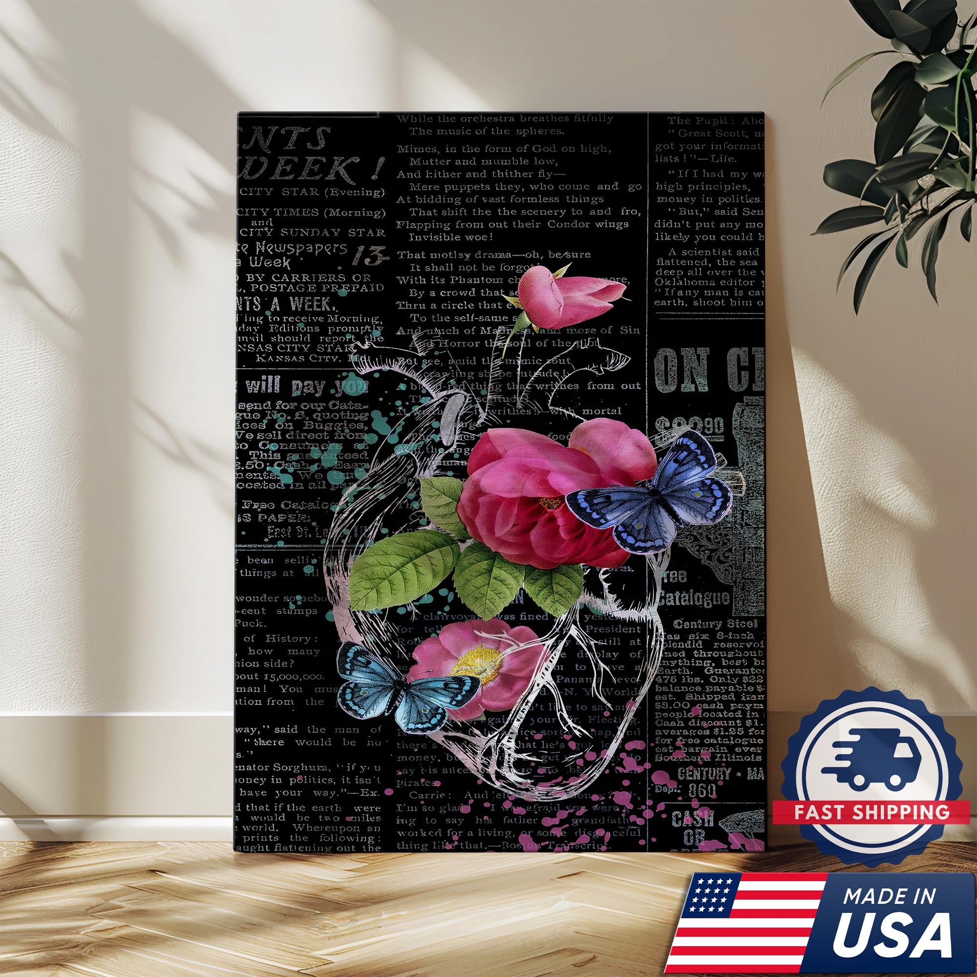 Romantic Rose and Butterfly Canvas, Vintage Newspaper Style, RN LPN CNA Healthcare Workers Gift