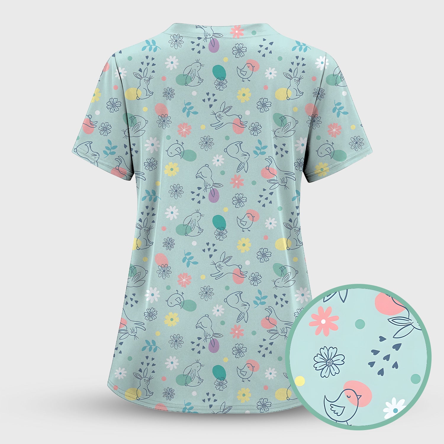 Whimsical Easter Bunny Eggs Pattern Scrub Top, Comfortable Scrubs for Nurses