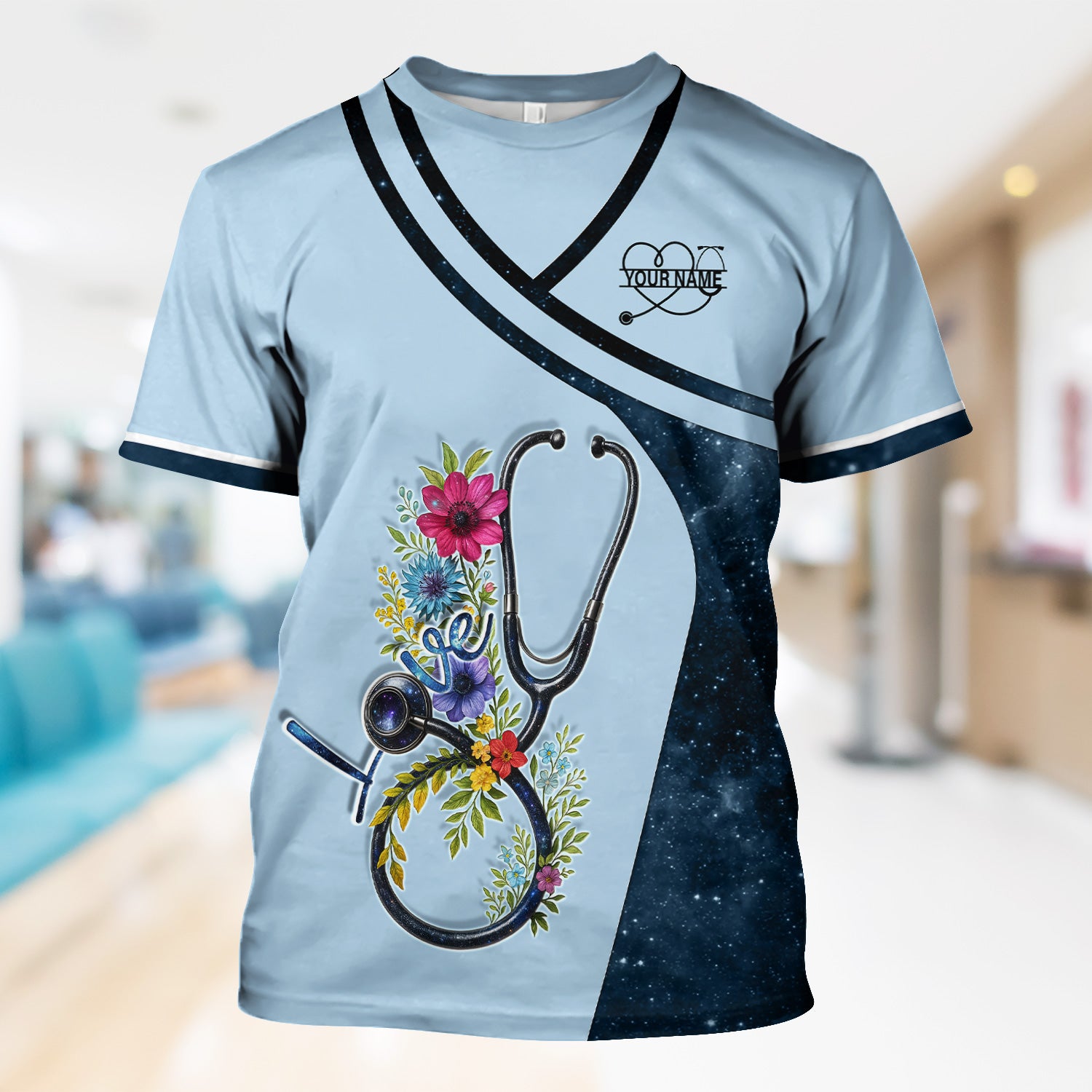 Personalized Nurse Love T-Shirt - Floral Stethoscope Galaxy Design - Custom Gift for RN LPN CNA Healthcare Workers