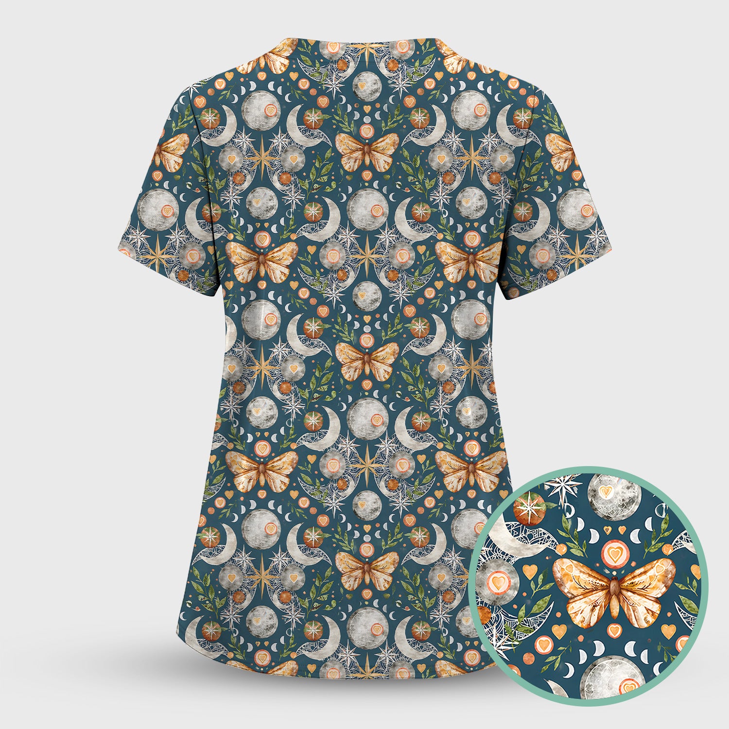 Celestial Butterfly Moonlight Pattern Scrub Top, Comfortable Scrubs for Nurses