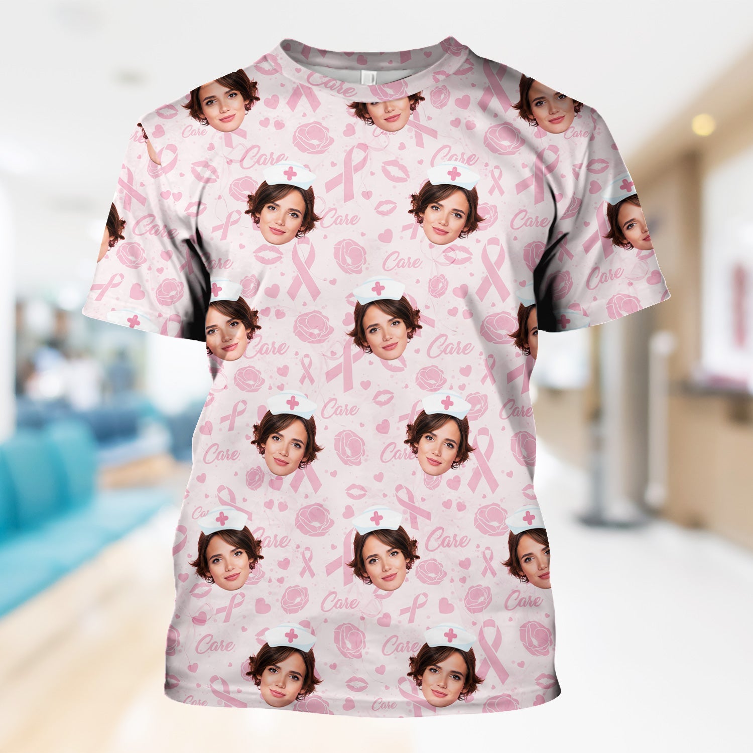 Custom Face Nurse Shirt Pink Ribbon Awareness - Personalized Breast Cancer Support T-Shirt - Gift for Women RN LPN CNA Healthcare Workers