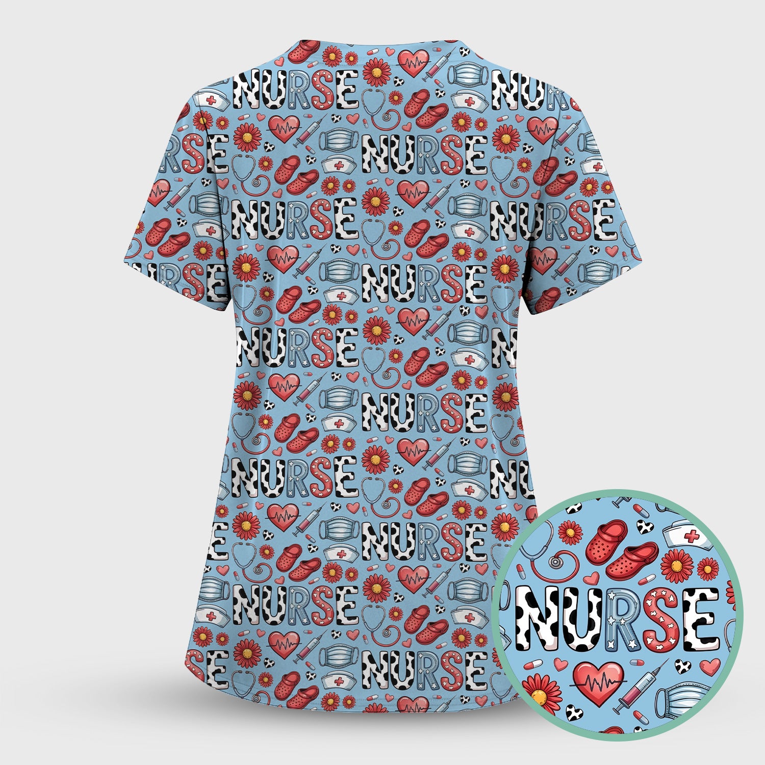 Cute Nurse Medical Icon Pattern Scrub Set, Scrub Pants and V Neck Top