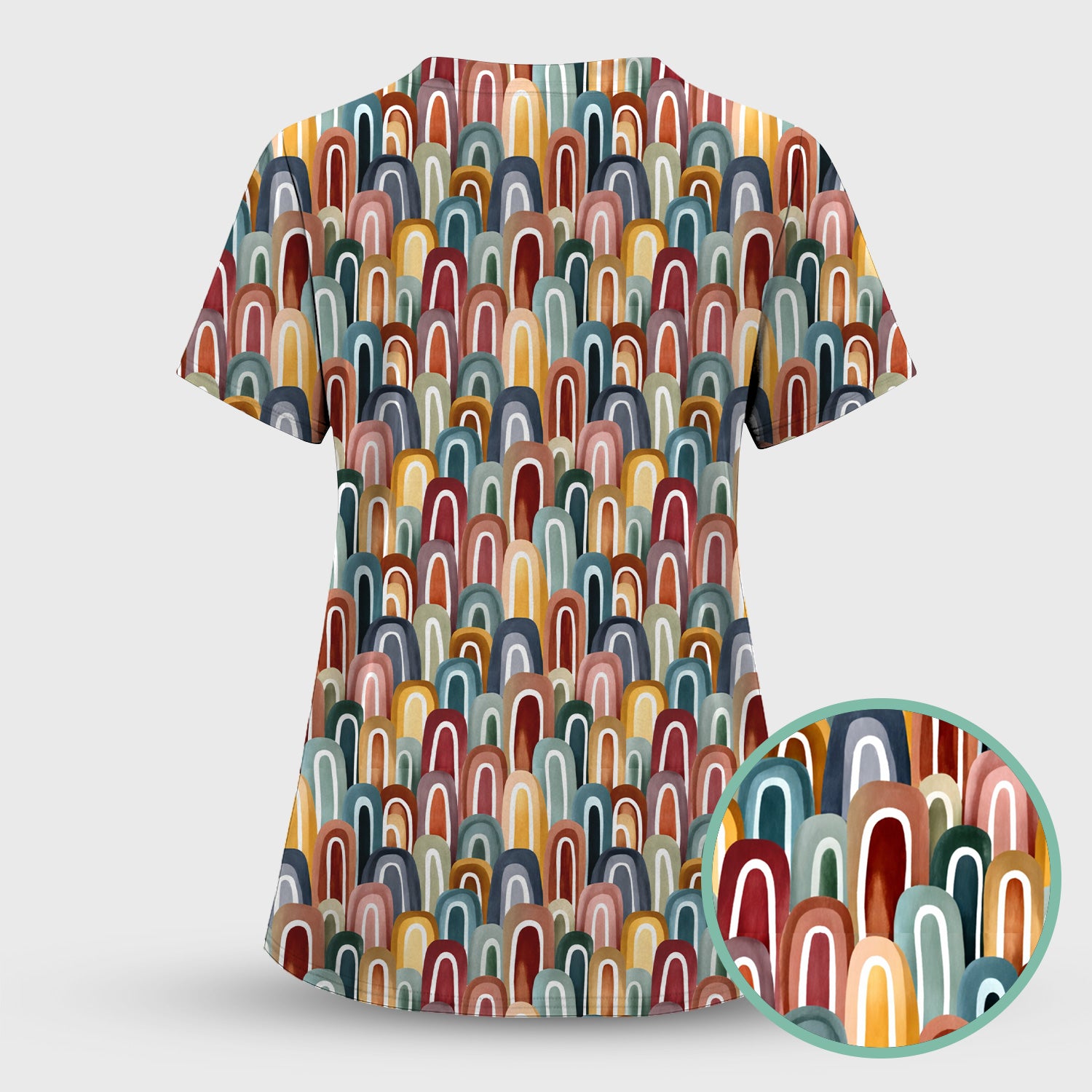 Retro Boho Rainbow Arch Pattern Scrub Top, Colorful Geometric Nursing Uniform for Women
