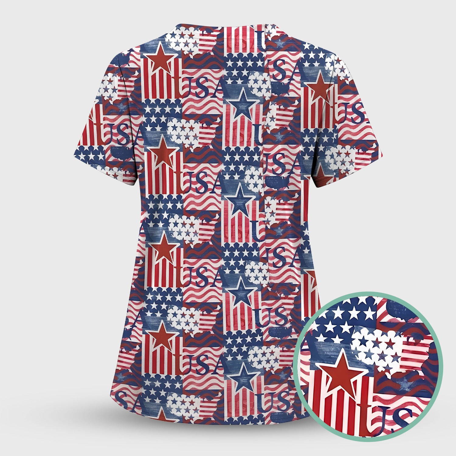 Patriotic USA Star Patchwork Pattern Scrub Set, Scrub Pants and V Neck Top