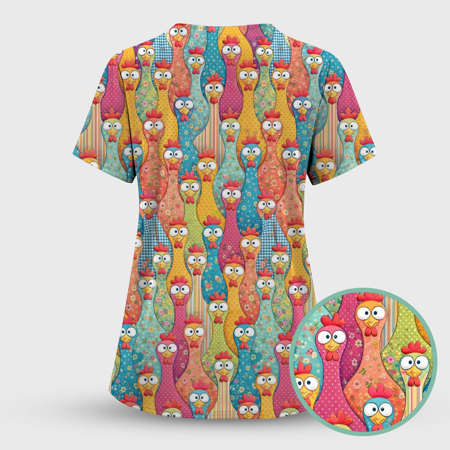 Funny Farm Chicken Cartoon Pattern Scrub Top, Comfortable Scrubs for Nurses
