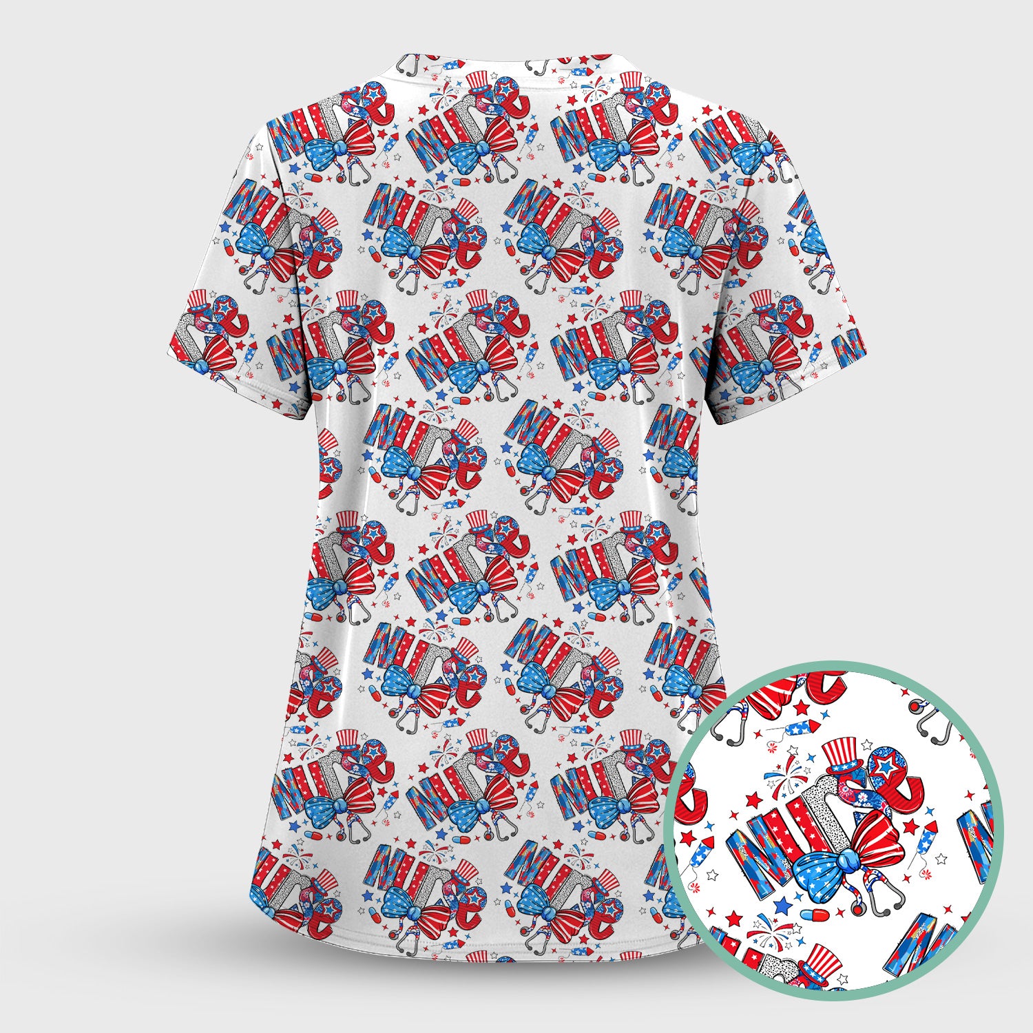 USA Nurse Stethoscope Patriotic Bow Hat Pattern Scrub Sets, Scrub Pants and V Neck Top