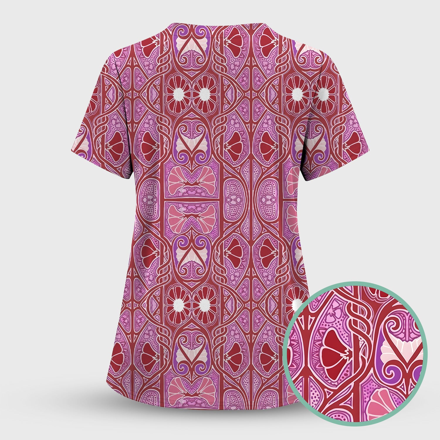 Vintage Ornamental Floral Pattern Scrub Set, Scrub Pants and V Neck Top