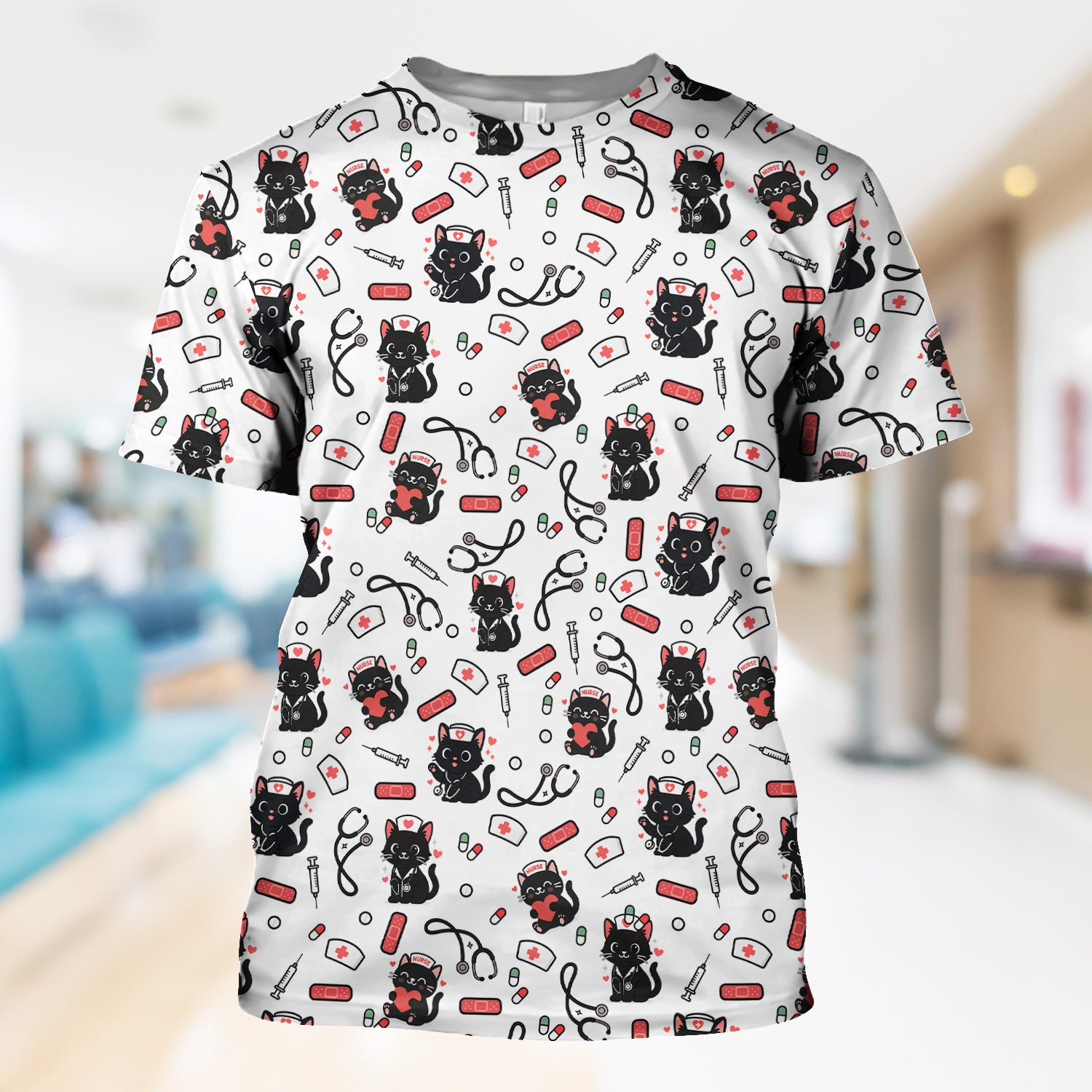 Cute Black Cat Nurse Scrub Top for Women - Medical Uniform Shirt with Stethoscope & Pill Print - Gift for CNA, LPN, Medical Worker
