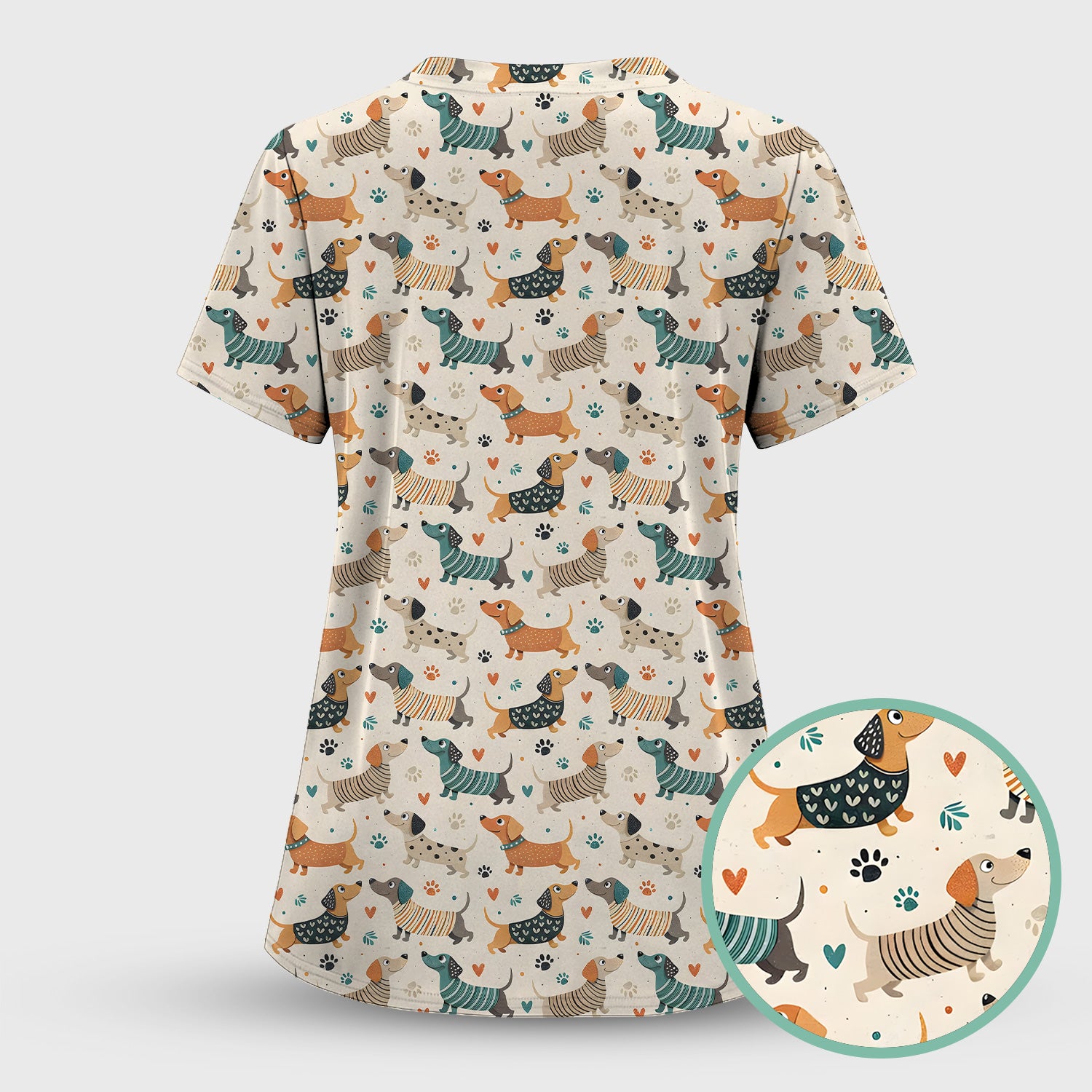 Fun Dachshund Dog Paw Heart Pattern Scrub Top, Comfortable Scrubs for Nurses