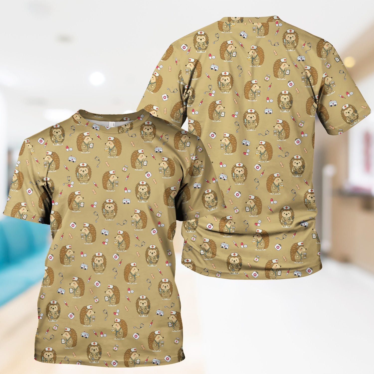 Cute Hedgehog Nurse Scrub Top - Funny Animal & Medical Design - Gift for Women RN LPN Pediatric Nurses