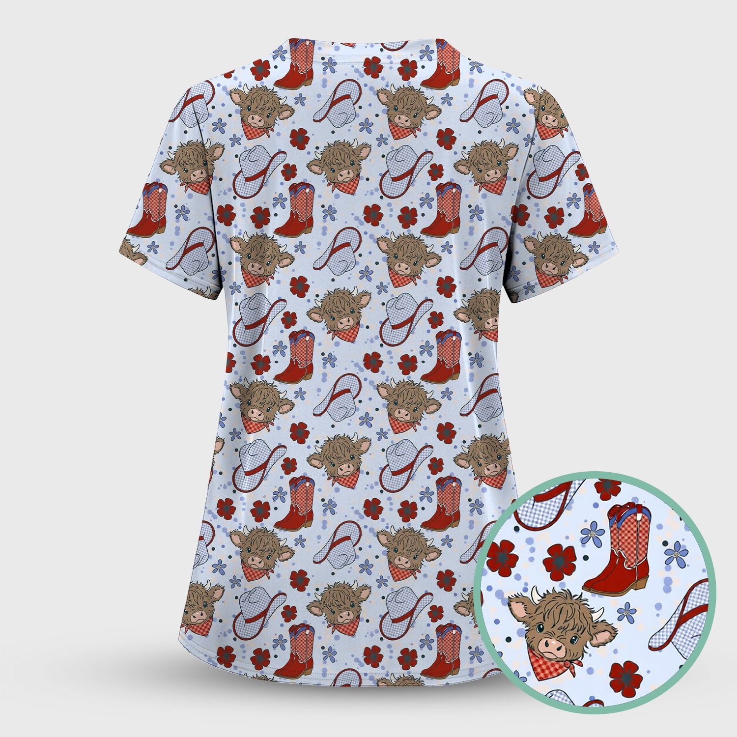 Cute Highland Cow Cowboy Boots Pattern Scrub Top, Comfortable Scrubs for Nurses