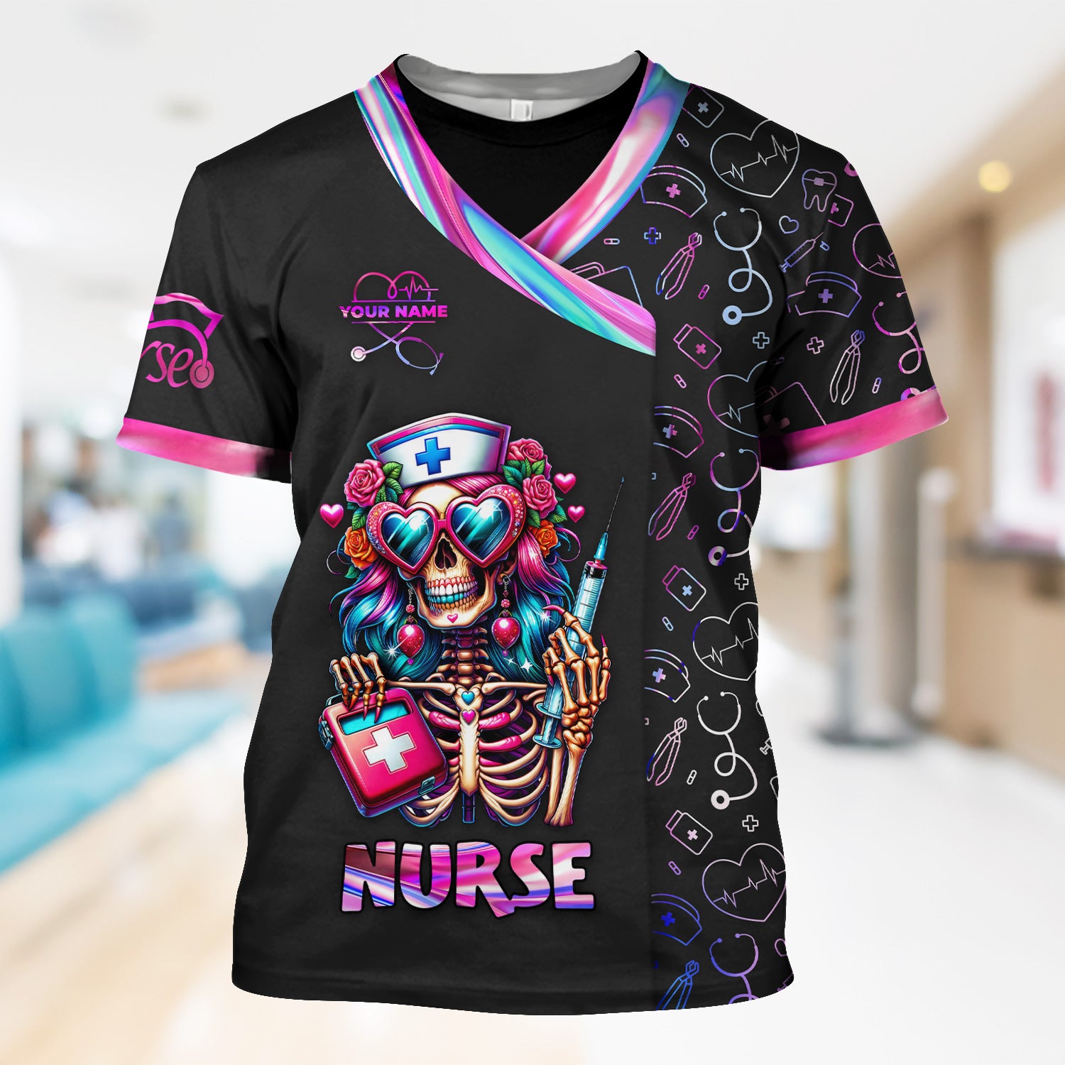 Personalized Funny Skeleton Nurse Scrub Top - Heart Sunglasses & Syringe Design - Custom Name Medical Gift for RN LPN CNA