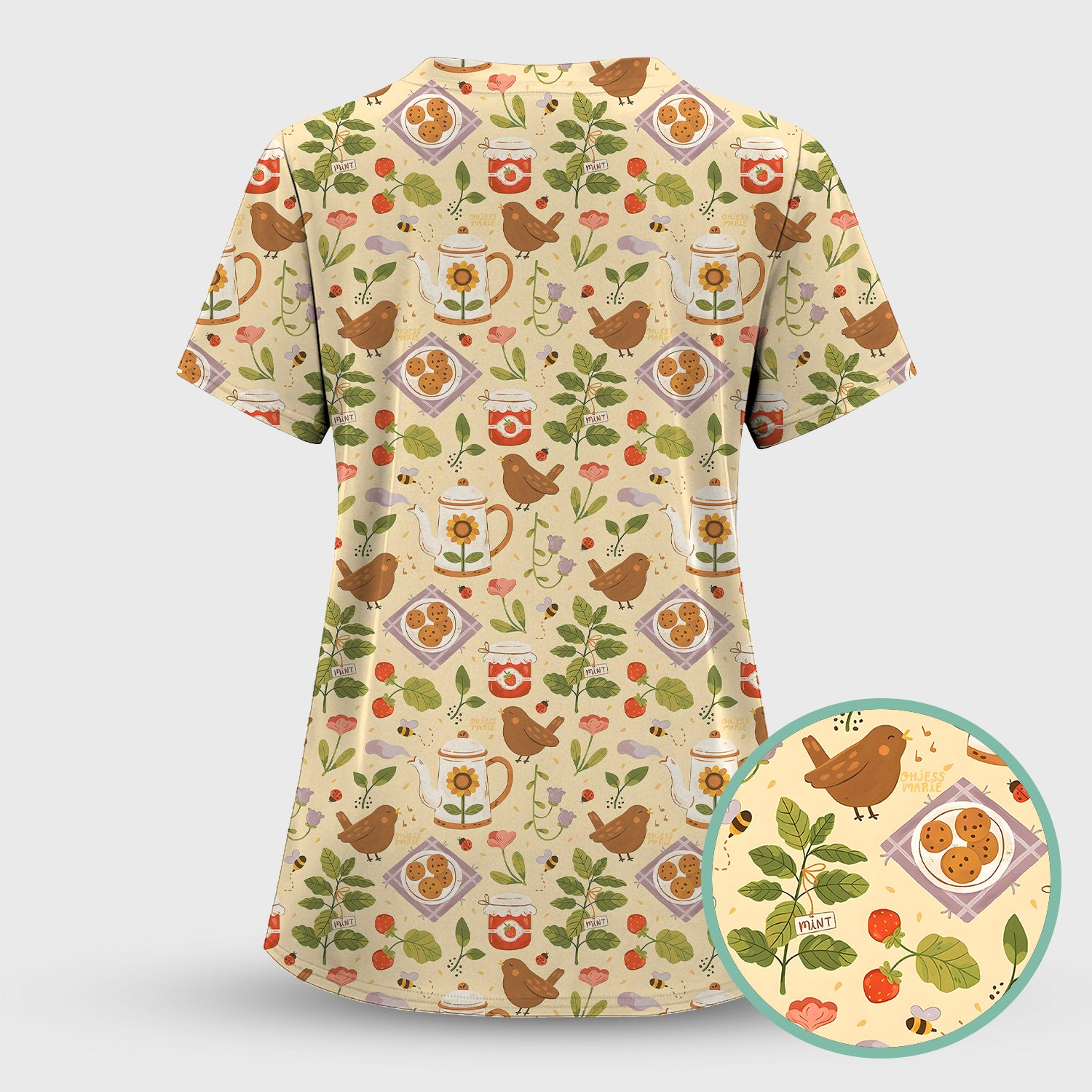 Cute Garden Tea Bird Strawberry Pattern Scrub Set, Scrub Pants and V Neck Top
