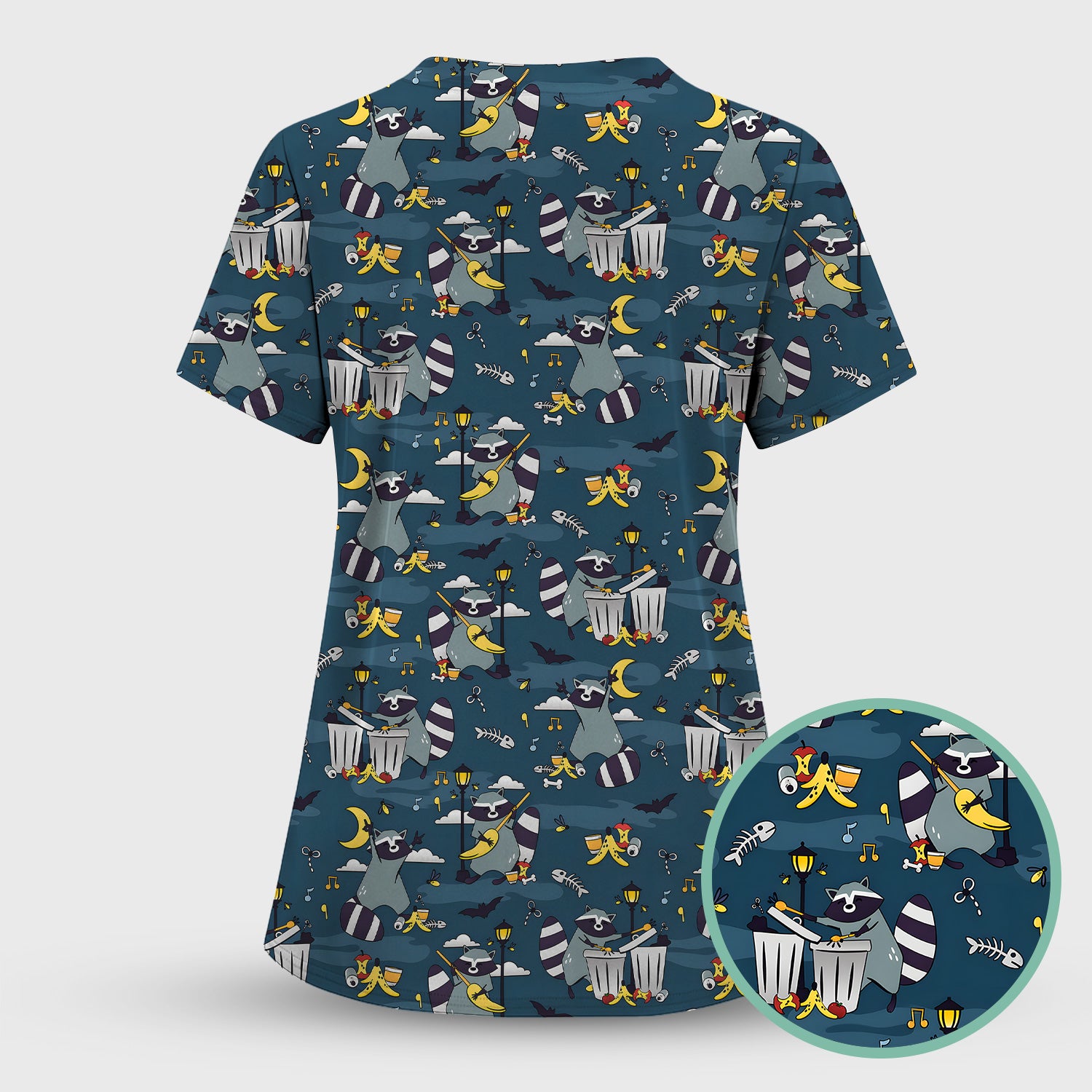 Raccoon Night Trash And Banana Peel Scrub Set, Scrub Pants and V Neck Top