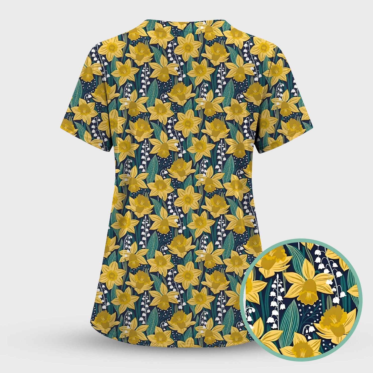 Yellow Daffodil Lily Valley Pattern Scrub Top, Comfortable Scrubs for Nurses