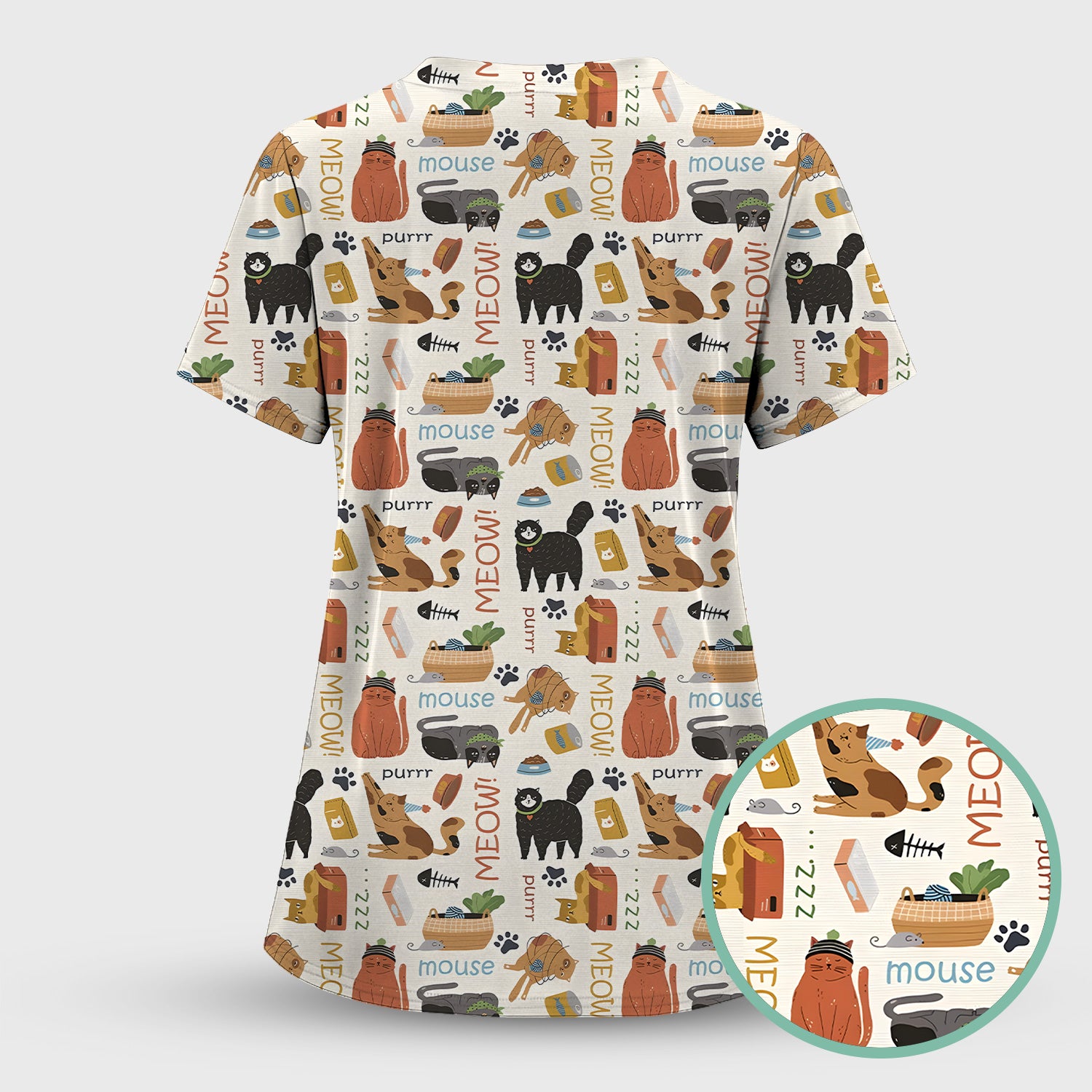 Meow Purr Cat Life Print Scrub Top, Comfortable Scrubs for Nurses