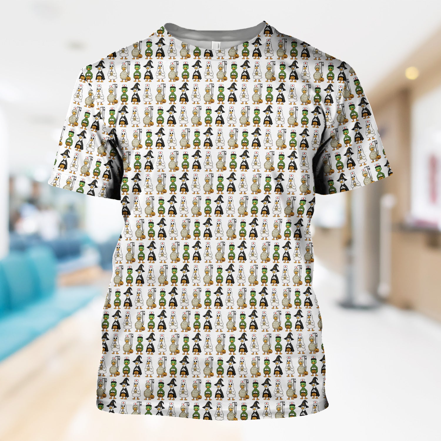 Funny Nurse Halloween T-Shirt - Cute Duck in Halloween Costumes Pattern Design - Gift for Women RN LPN & Healthcare Workers