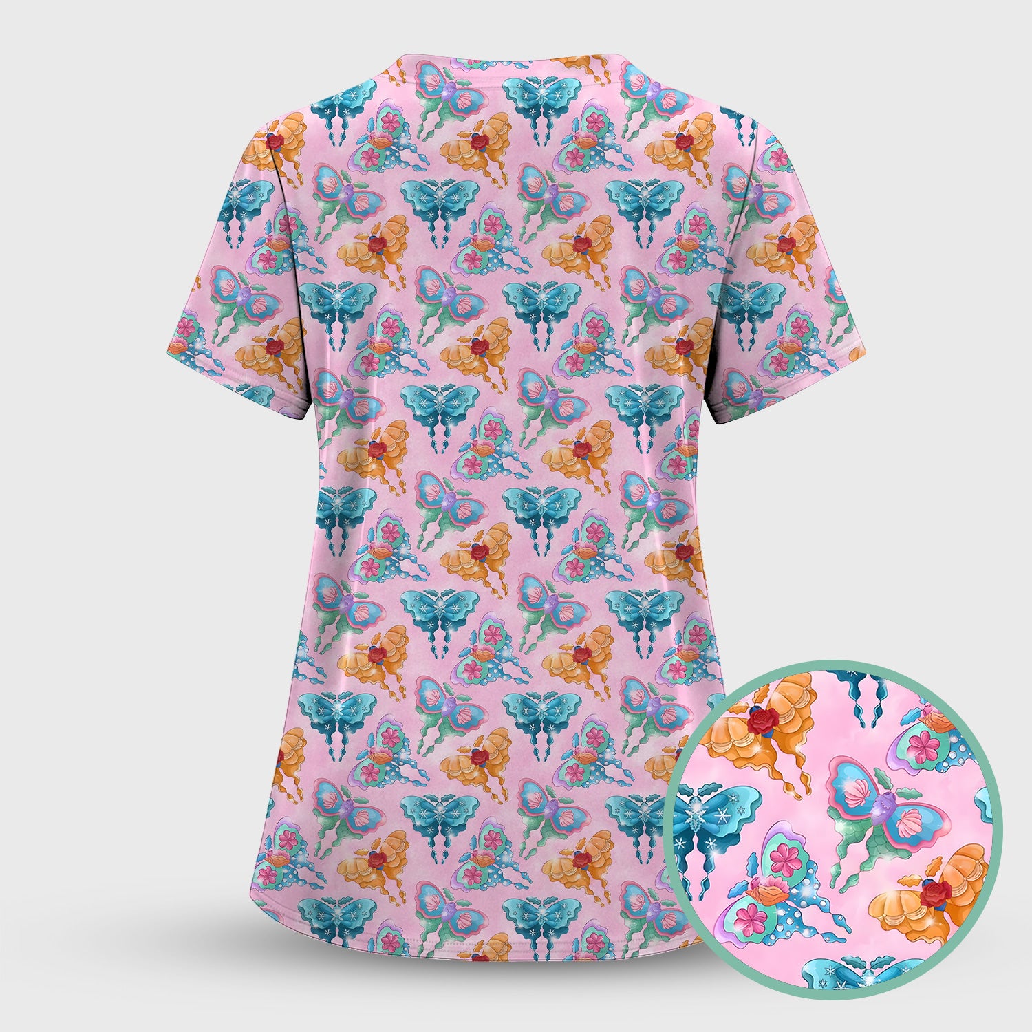 Colorful Butterfly With Floral Blossom Pattern Scrub Set, Scrub Pants and V Neck Top