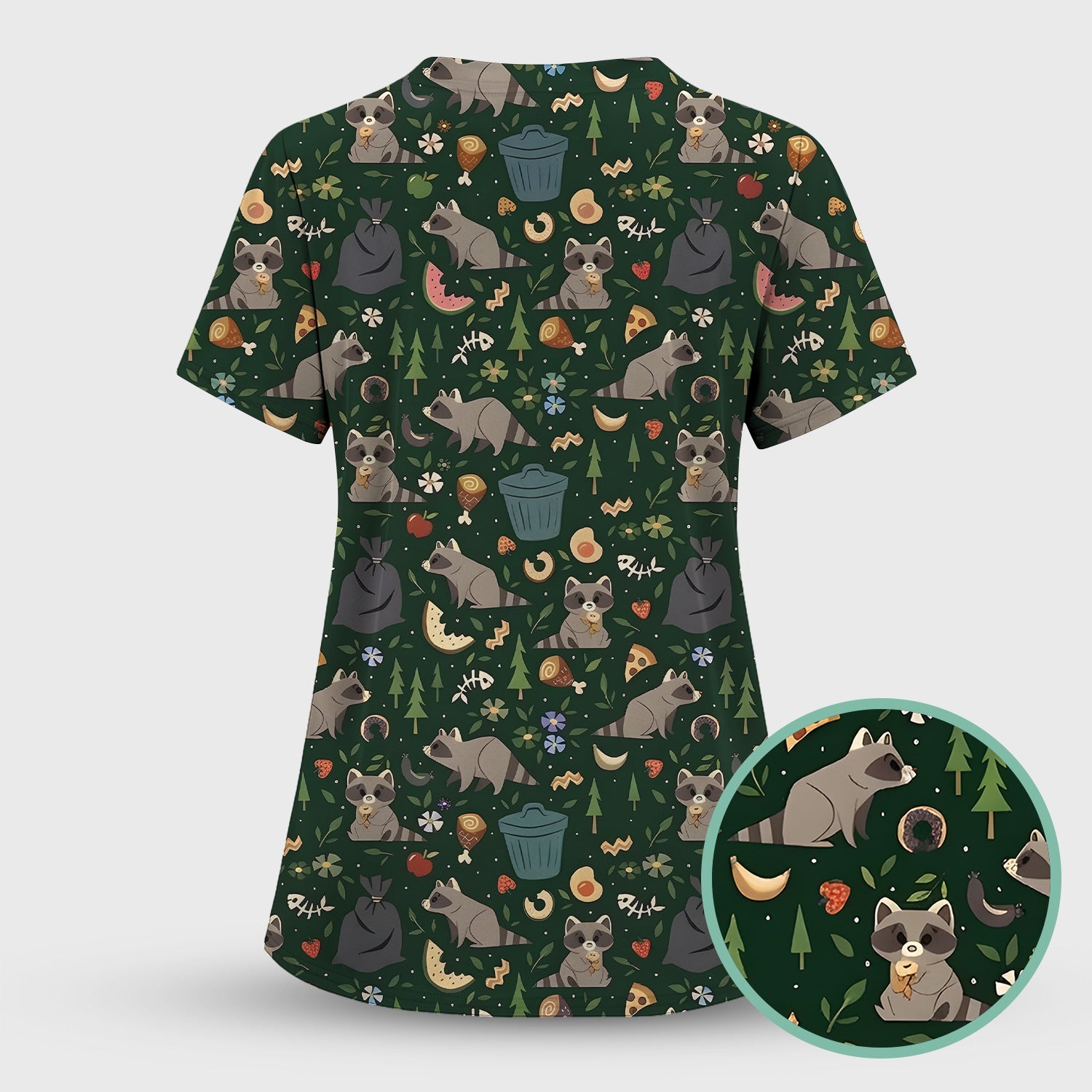 Cute Raccoon Forest Food Pattern Scrub Top, Breathable Fabrics Nursing Uniform