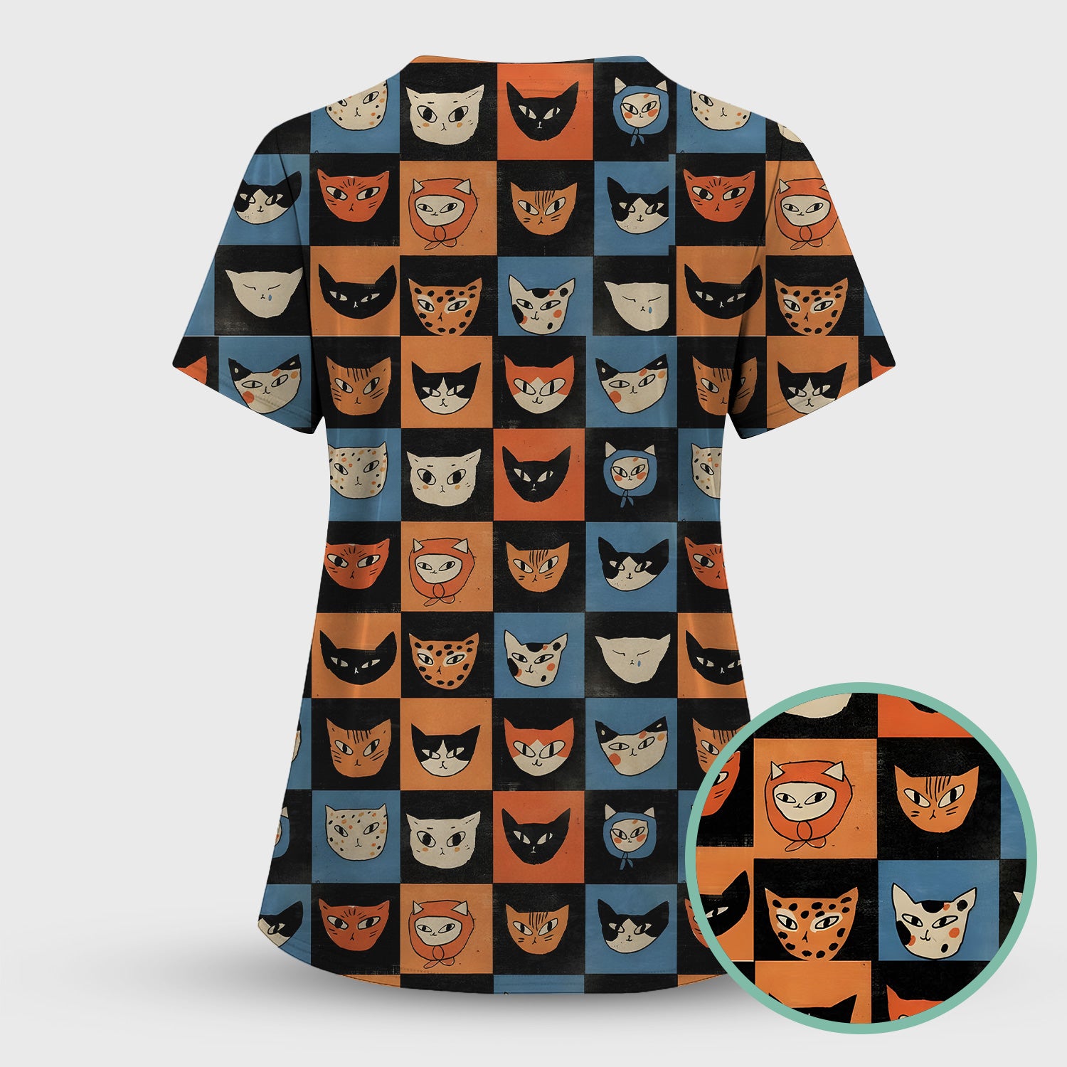 Cute Retro Cat Faces Checkerboard Print Scrub Top, Comfortable Scrubs For Nurses
