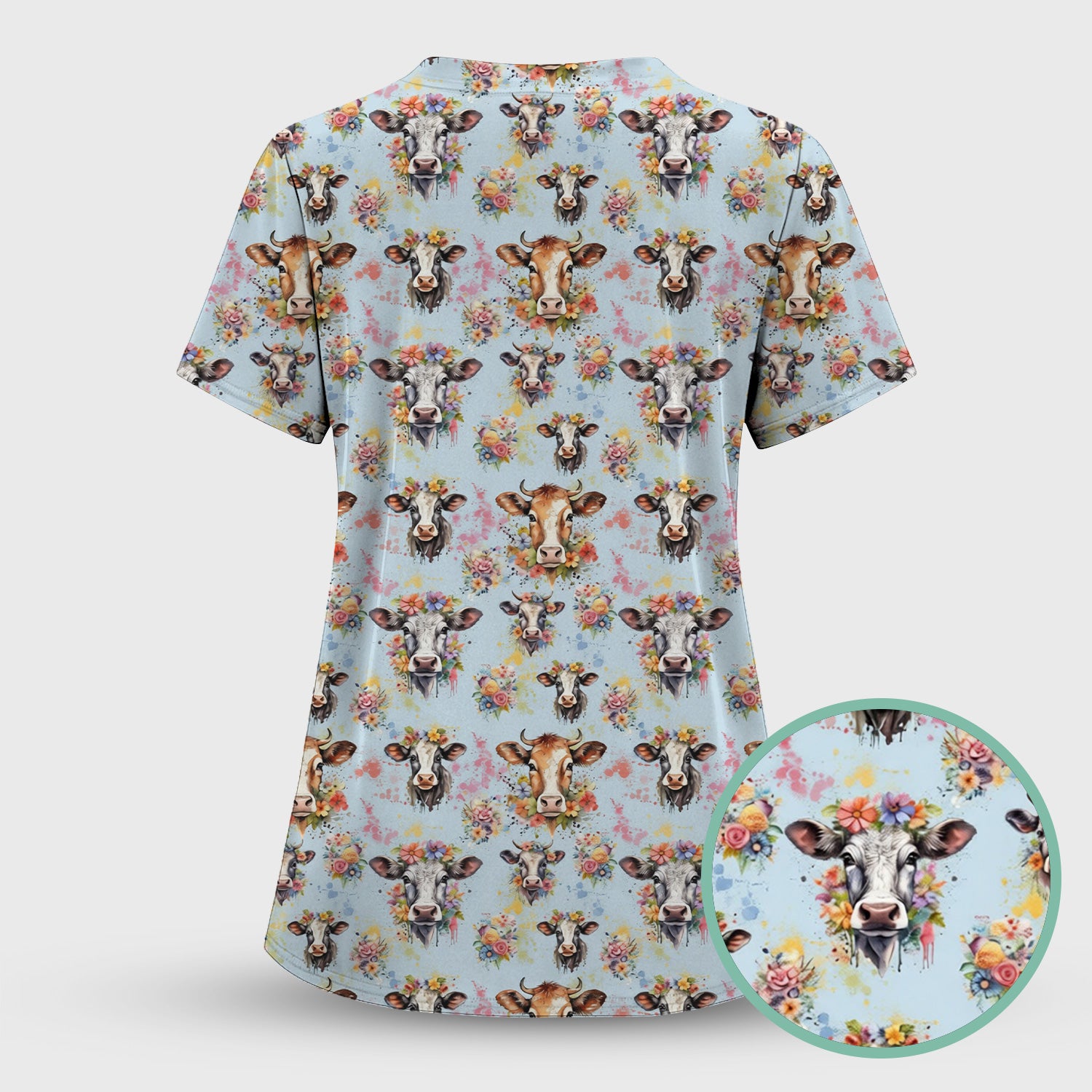 Cute Floral Cow Farm Animal Pattern Scrub Top, Comfortable Scrubs for Nurses