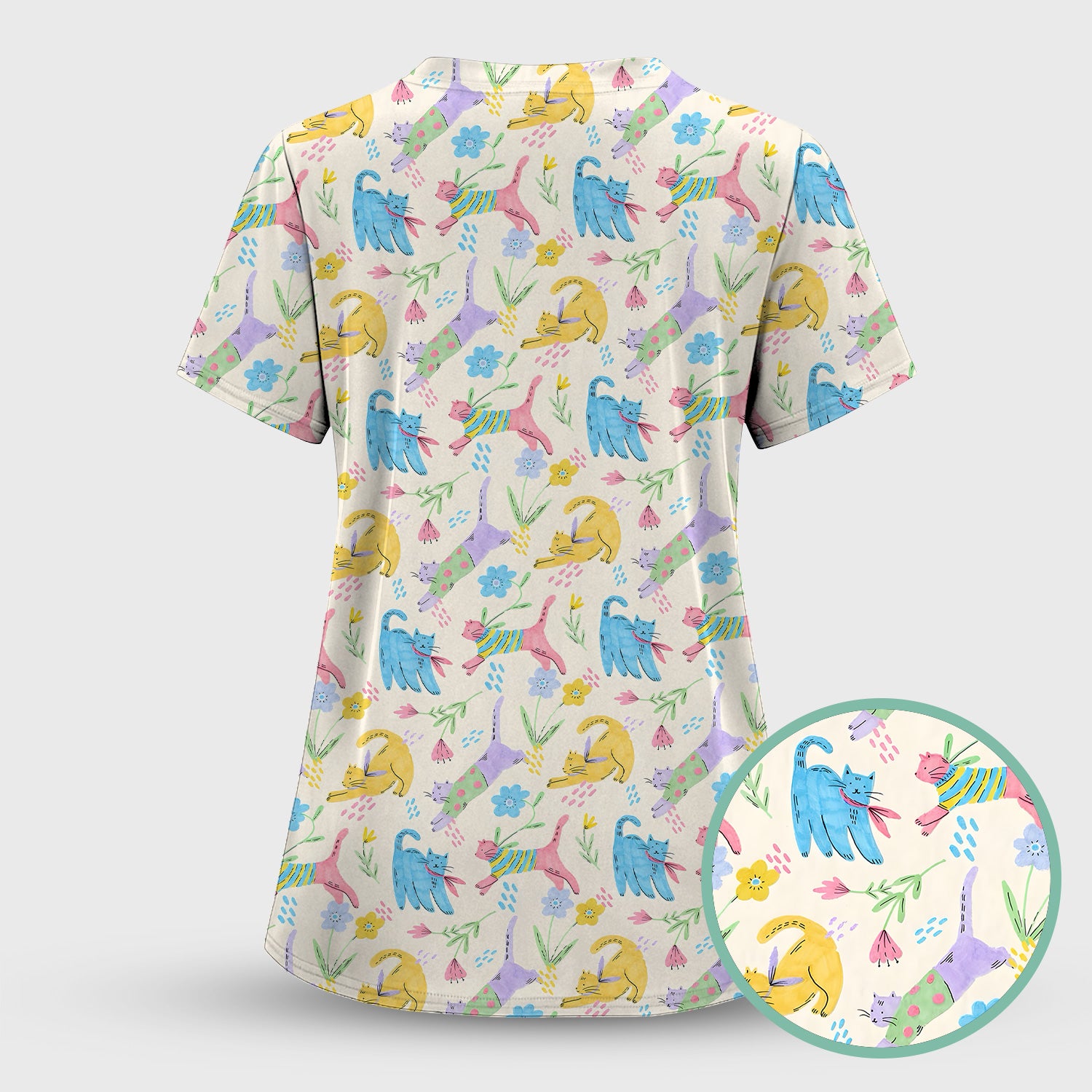 Cute Colorful Cat Floral Pattern Scrub Set, Scrub Pants and V Neck Top